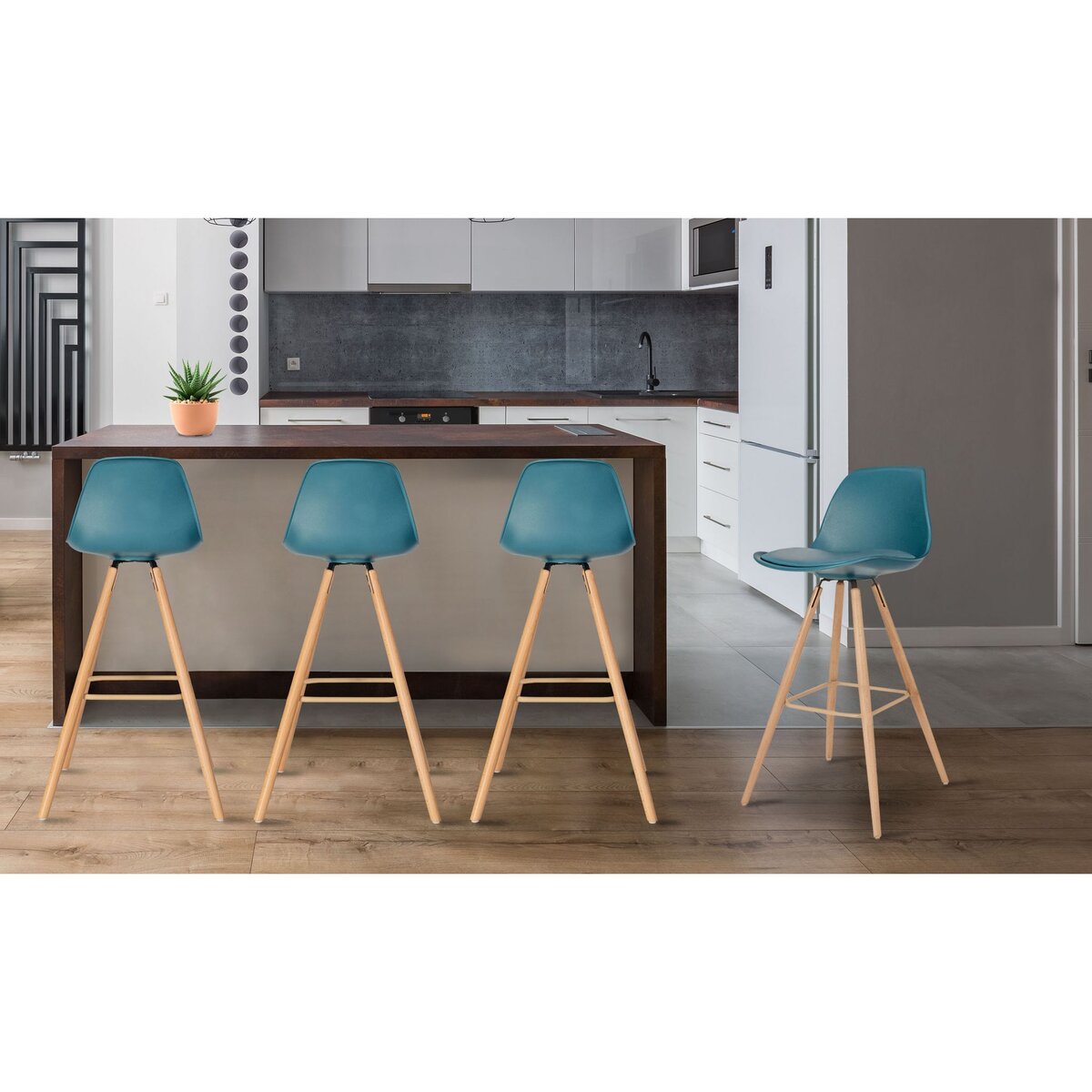 Lot de 4 tabourets de bar pieds bois massif BORGEN