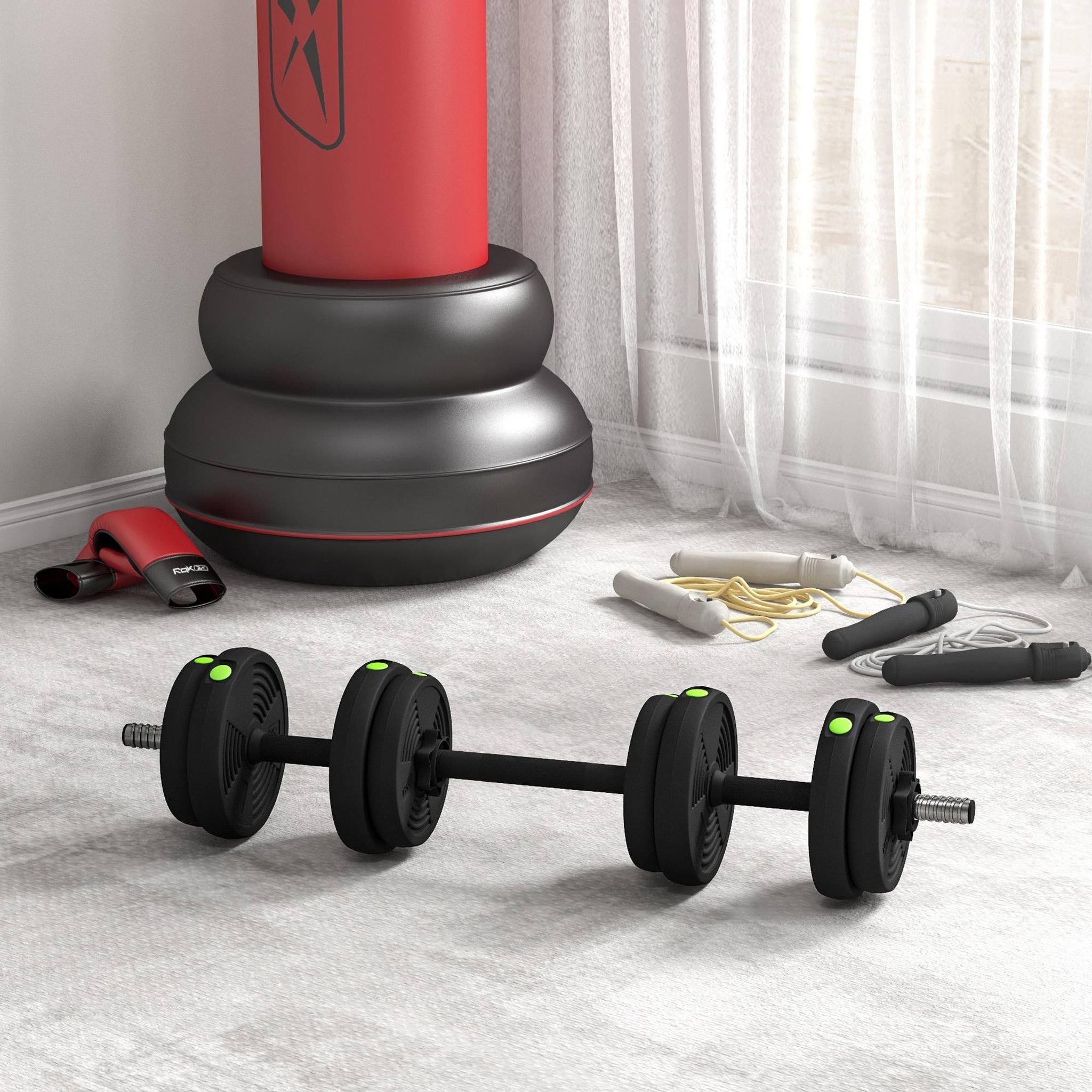 Voir la diapositive 2 : HOMCOM Haltères 2 en 1 réglables - haltères libres 15 kg - barres incluses - entraînement musculaire & haltérophilie - noir vert