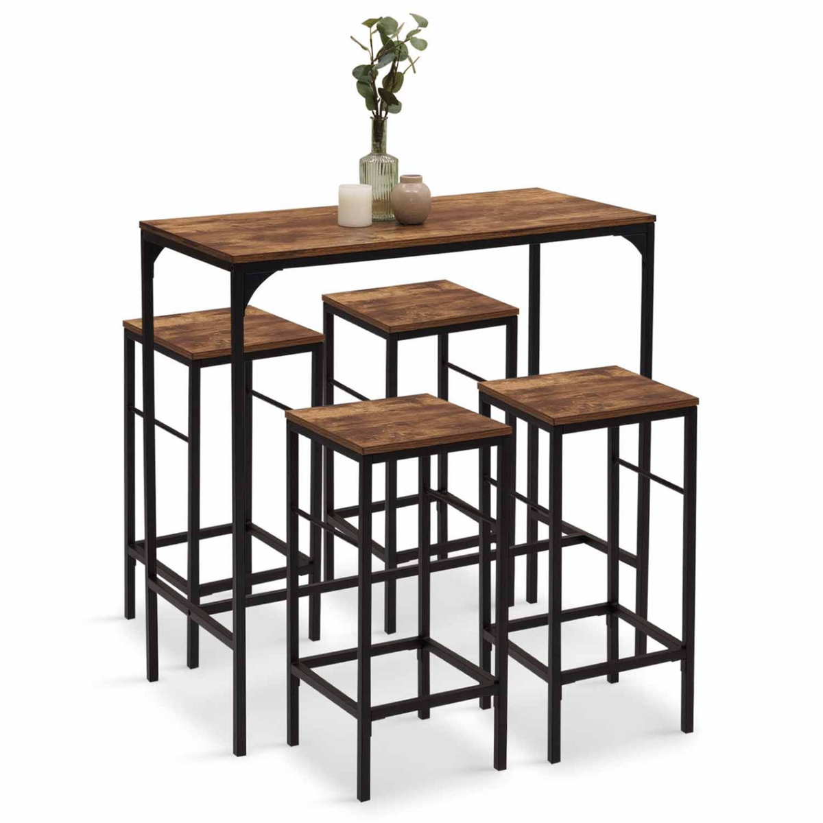 ID MARKET Table haute de bar DAYTON 100 cm et 4 tabourets bois foncé effet vieilli et noir design industriel