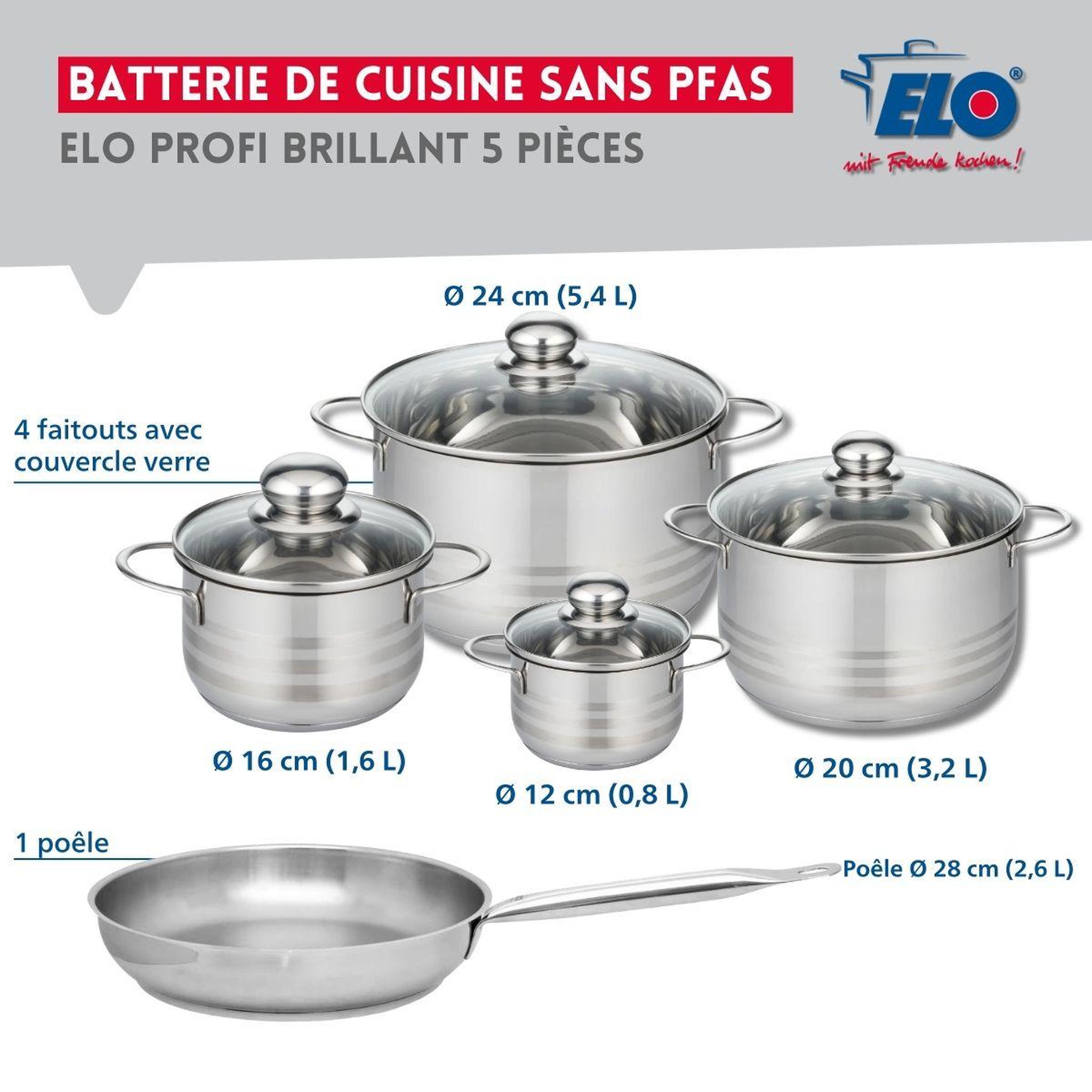 Voir la diapositive 2 : ELO Ensemble de 1 poêle de cuisson 28 cm et 4 faitouts 12, 16, 20 et 24 cm elo profi brillant