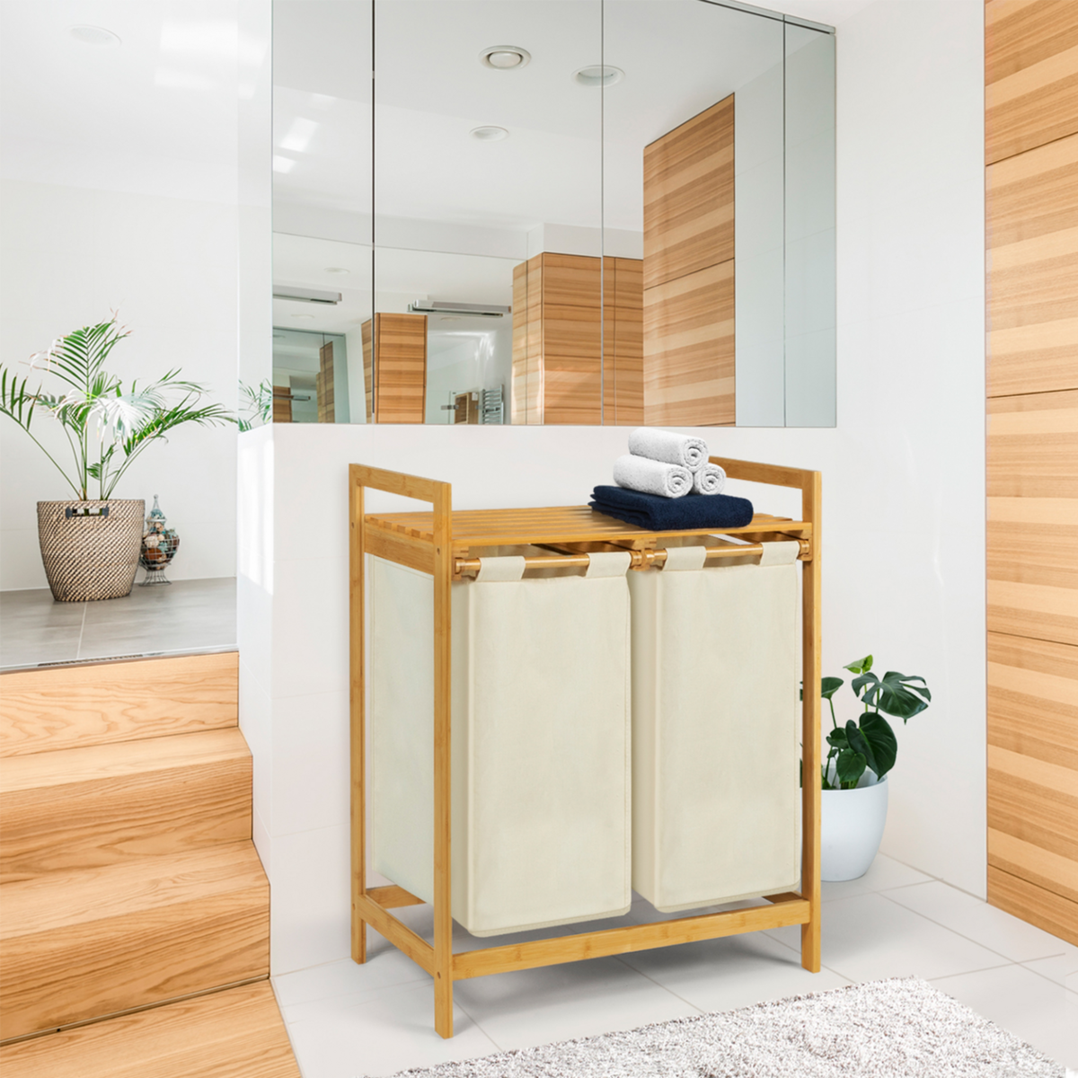 ID MARKET Panier à linge 2 bacs bambou BEA tissu écru