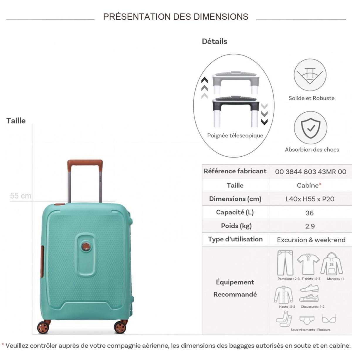 Delsey Valise Cabine Rigide Moncey 803 TSA Polypropylène