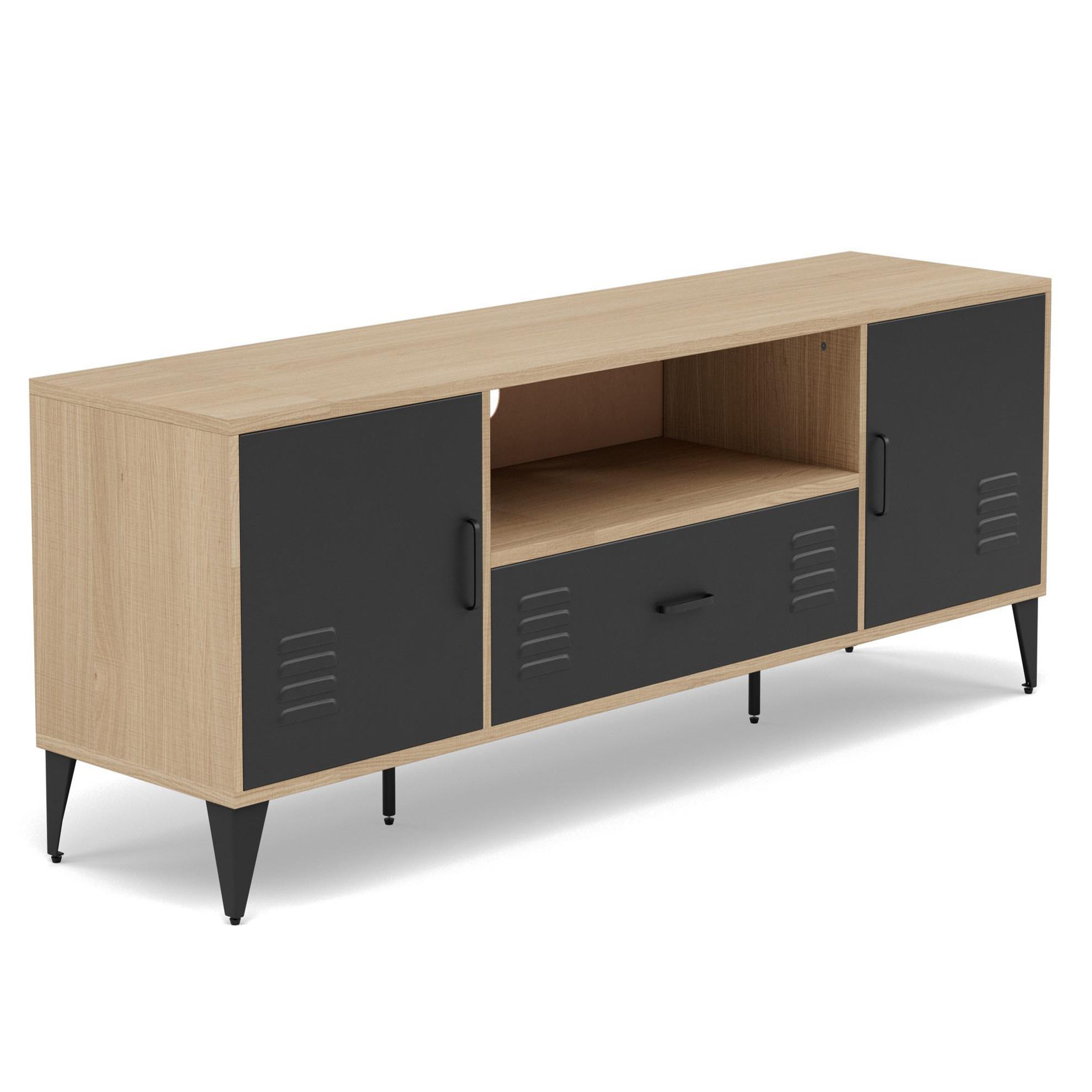 Voir la diapositive 2 : BEST MOBILIER Tribeca - meuble tv - effet bois et métal noir - 2 portes et 1 tiroir - 160 cm