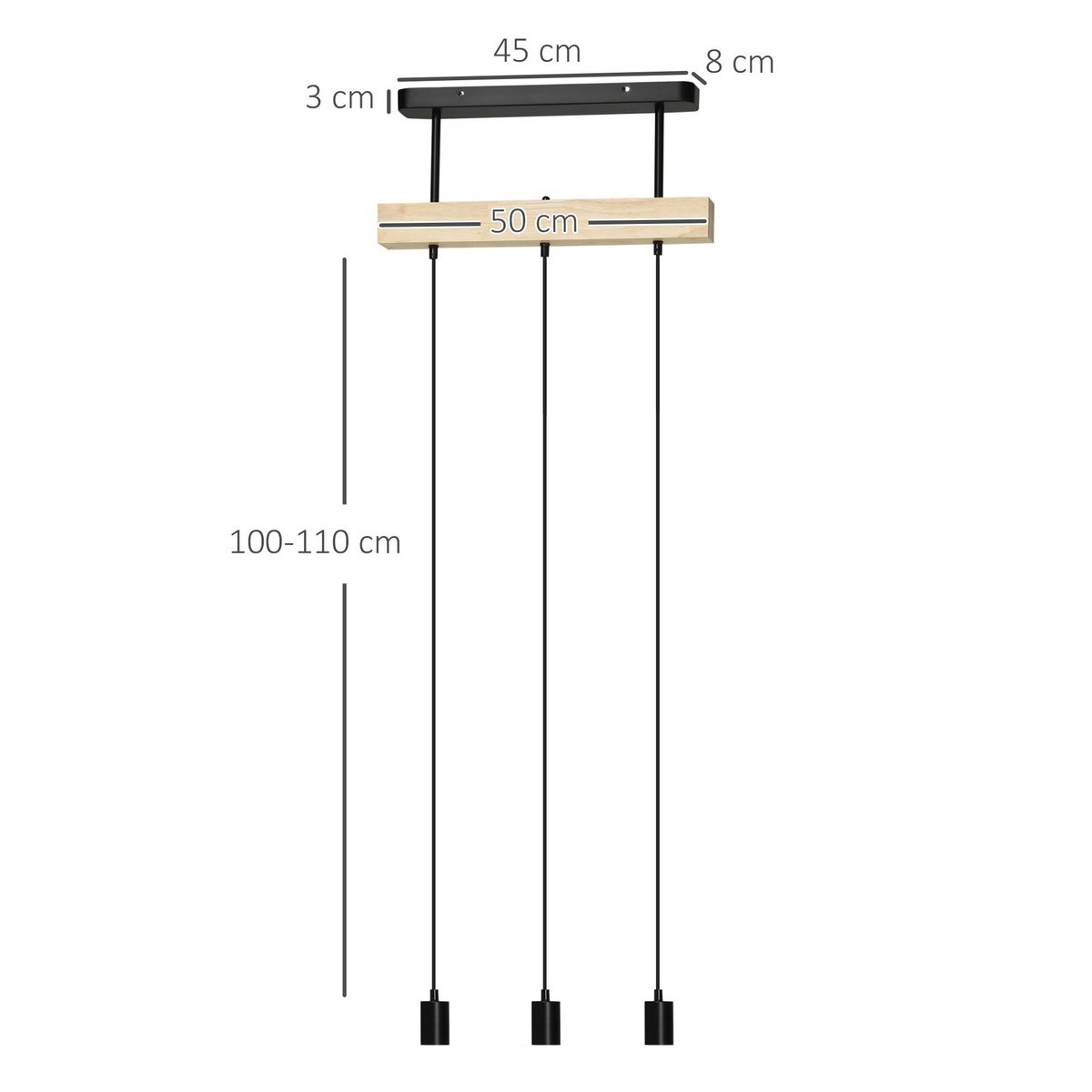 HOMCOM Lustre suspension style industriel 3 lampes 40 W max. hauteur réglable dim. 50L x 8l x 33H cm métal noir bois hévéa