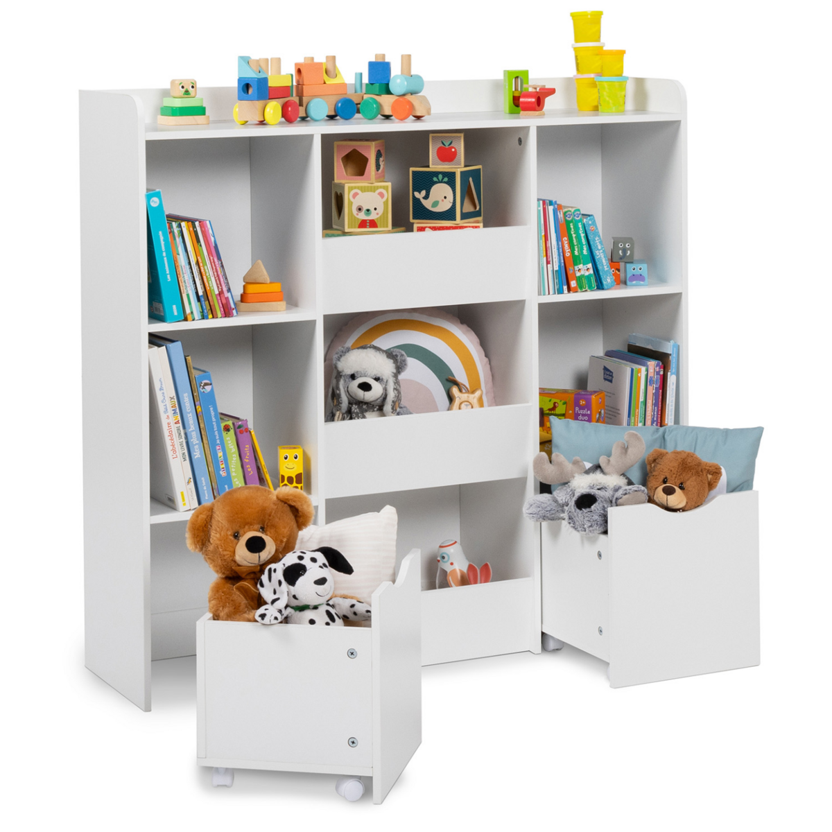 ID MARKET Meuble de rangement enfant MANA 5 étagères, 3 bacs et 2 cubes sur roulettes blanc