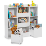 ID MARKET Meuble de rangement enfant MANA 5 étagères, 3 bacs et 2 cubes sur roulettes blanc