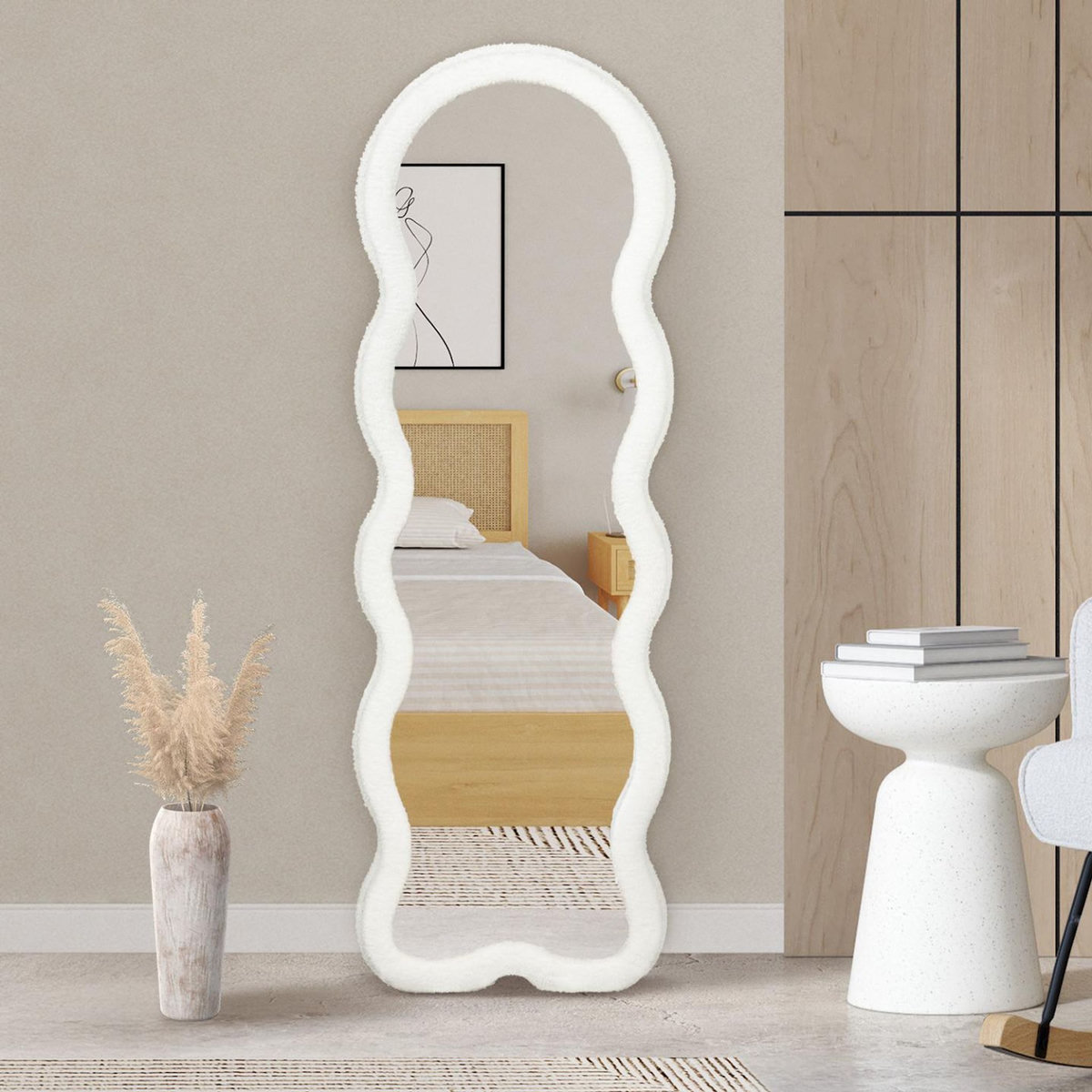 ID MARKET Miroir vague en tissu bouclette crème 150 x 50 cm