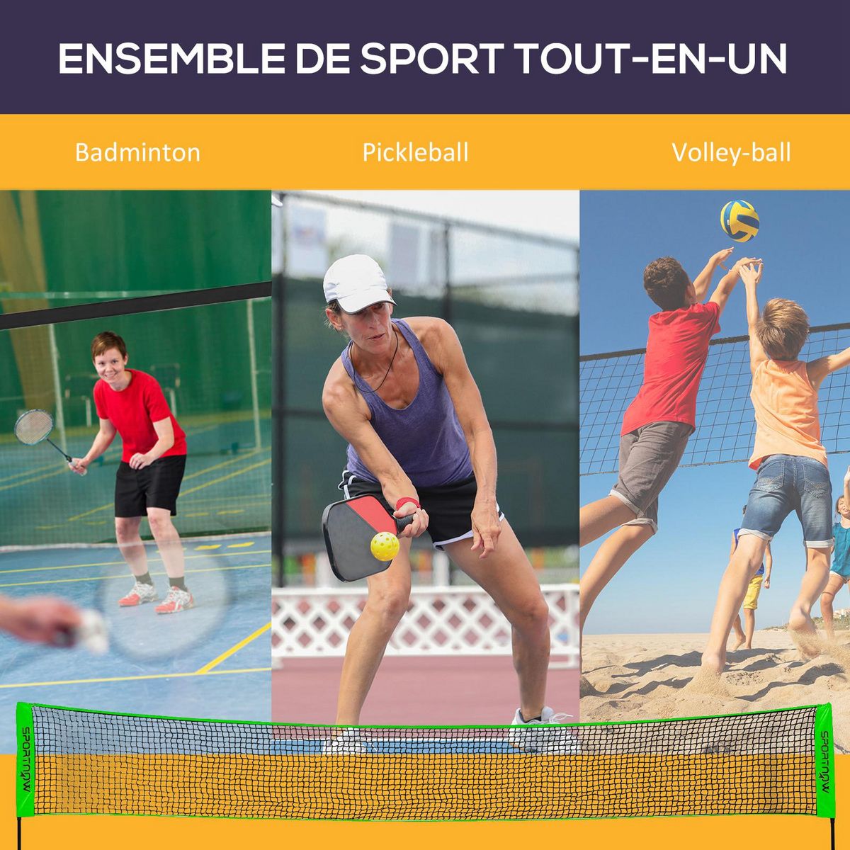 HOMCOM Ensemble set complet de badminton, pickleball et volleyball 3 en 1 réglable