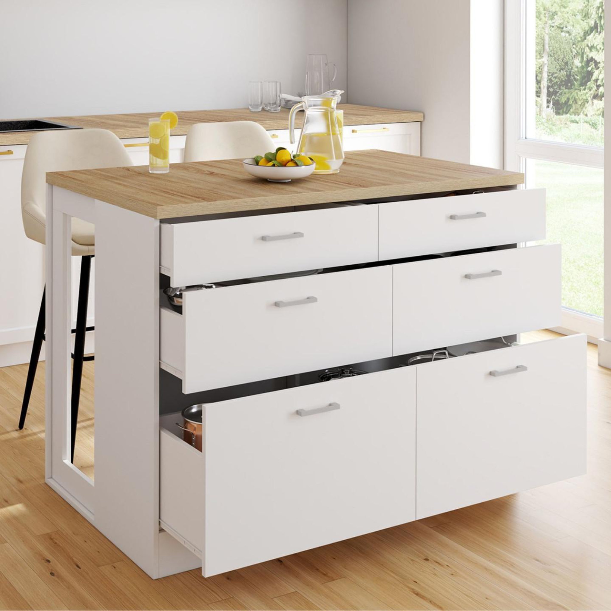 Voir la diapositive 2 : ID MARKET Ilot central mange-debout orso 120 cm casserolier 6 tiroirs blanc avec plan de travail façon hêtre