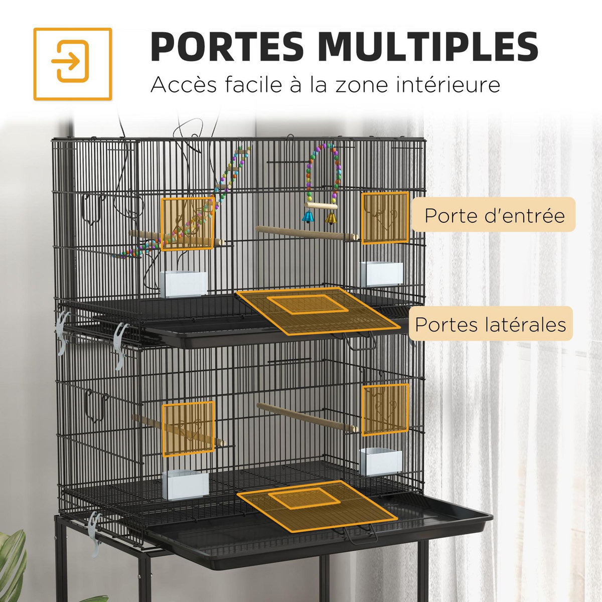PAWHUT Double cage à oiseaux sur roulettes - étagère, plateau déjection, 4 perchoirs, 4 mangeoirs, poignée - dim. 77L x 46l x 164H cm acier noir