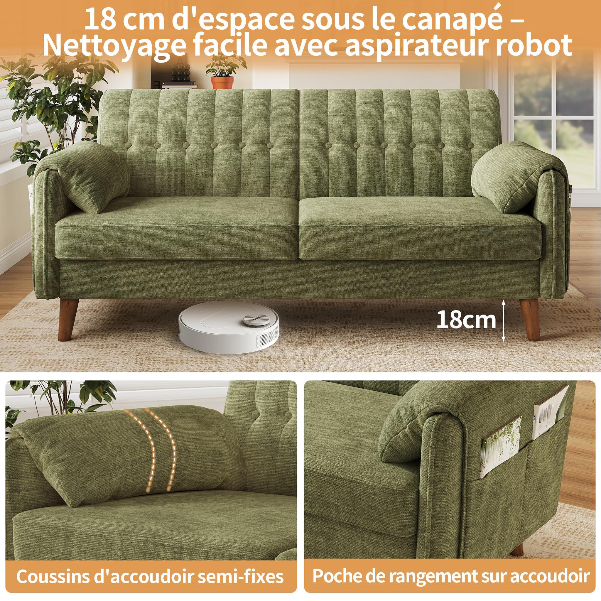 Voir la diapositive 5 : MERAX Canapé 2 places tissu chenille avec poches latérales et pieds en bois