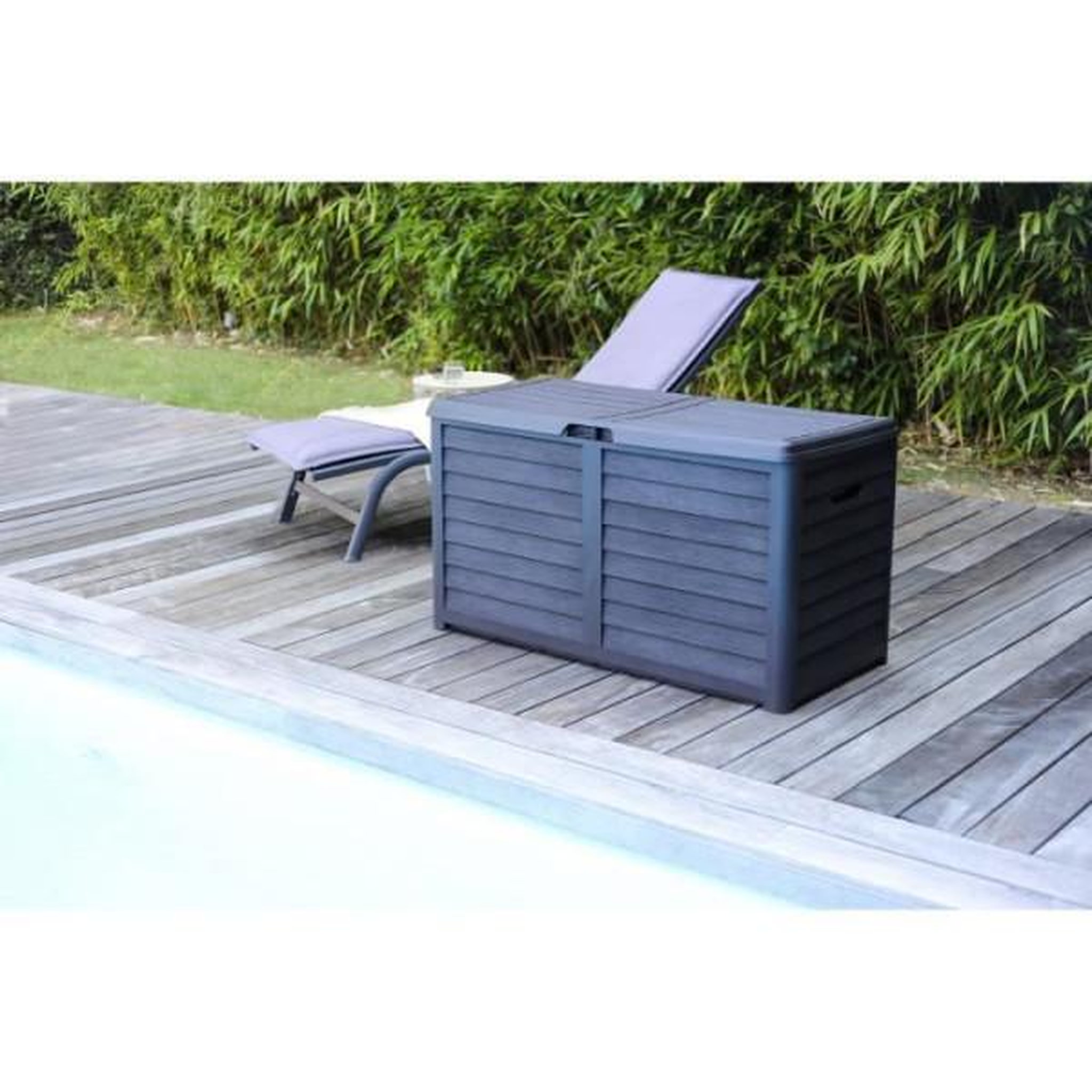 Voir la diapositive 2 : EDA PLASTIQUE EDA Coffre de jardin BAYA en Plastique 420 litres - Décor imitation bois - Gris anthracite - Fabriqué en France