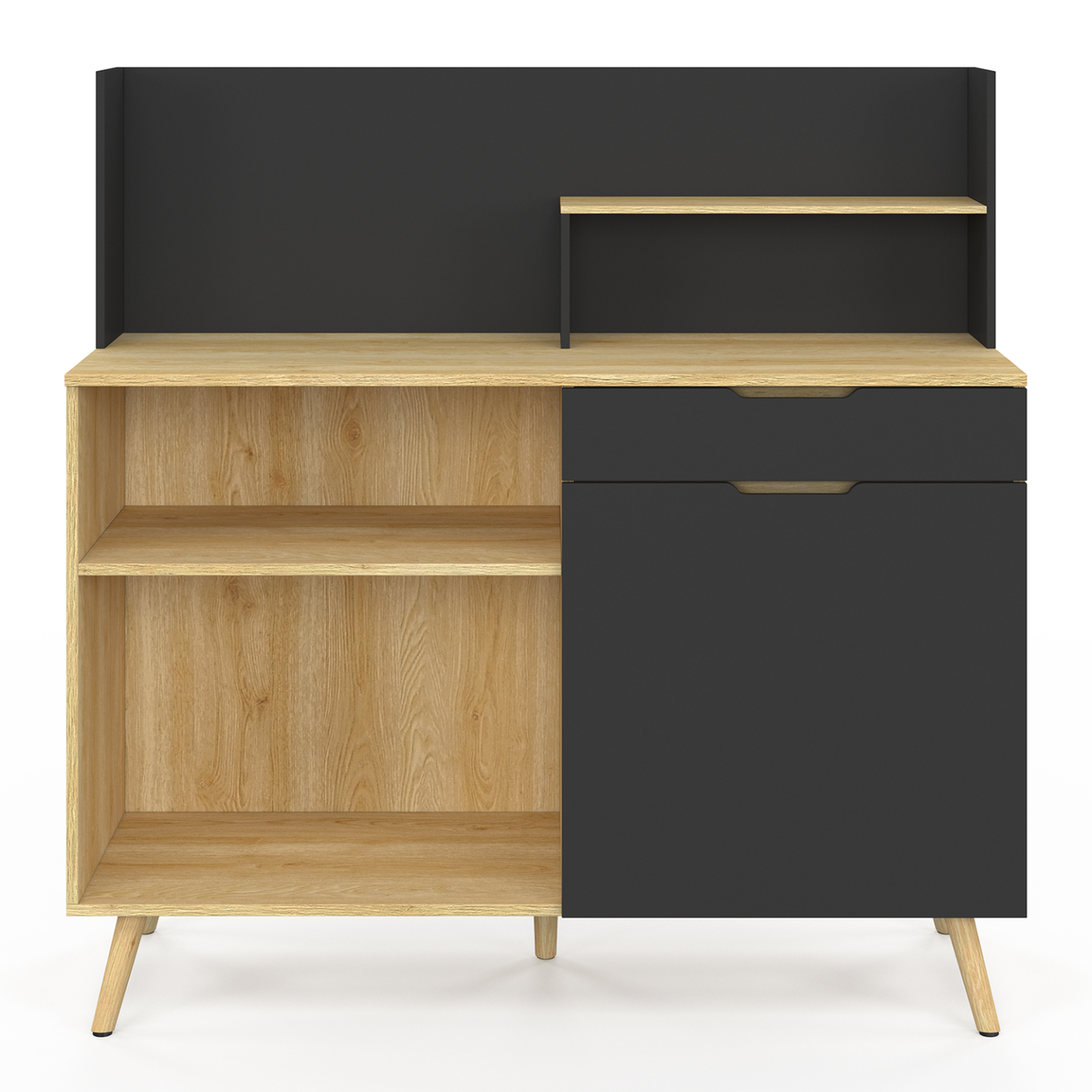 Voir la diapositive 3 : ID MARKET Buffet bas de cuisine 120 cm olaf plan de travail h.83 cm 1 porte + 1 tiroir façon hêtre et noir