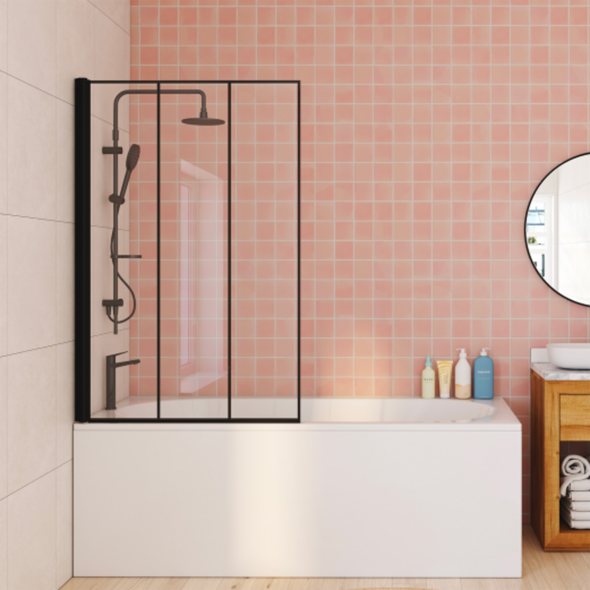 ID MARKET Pare baignoire 1 volet 70x120 cm sérigraphié effet verrière avec profilé en aluminium noir