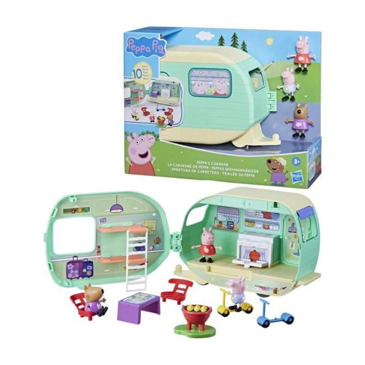 HASBRO Peppa Pig, La caravane de Peppa avec 3 figurines et 6 accessoires, jouets préscolaires pour filles et garçons, a partir de 3
