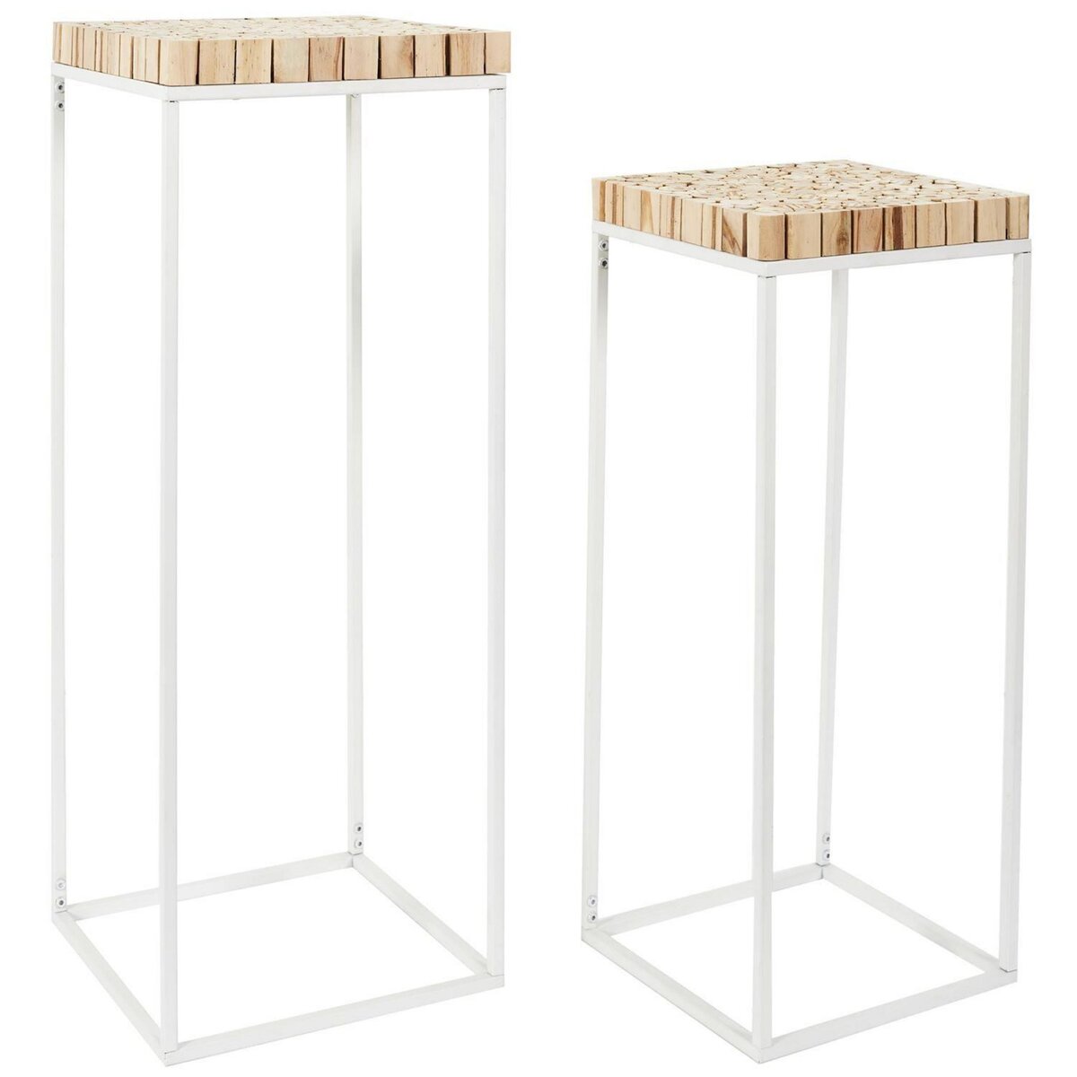 The Home Deco Factory Set de 2 sellettes gigognes effet rondin de bois en bois et métal - Blanc et marron