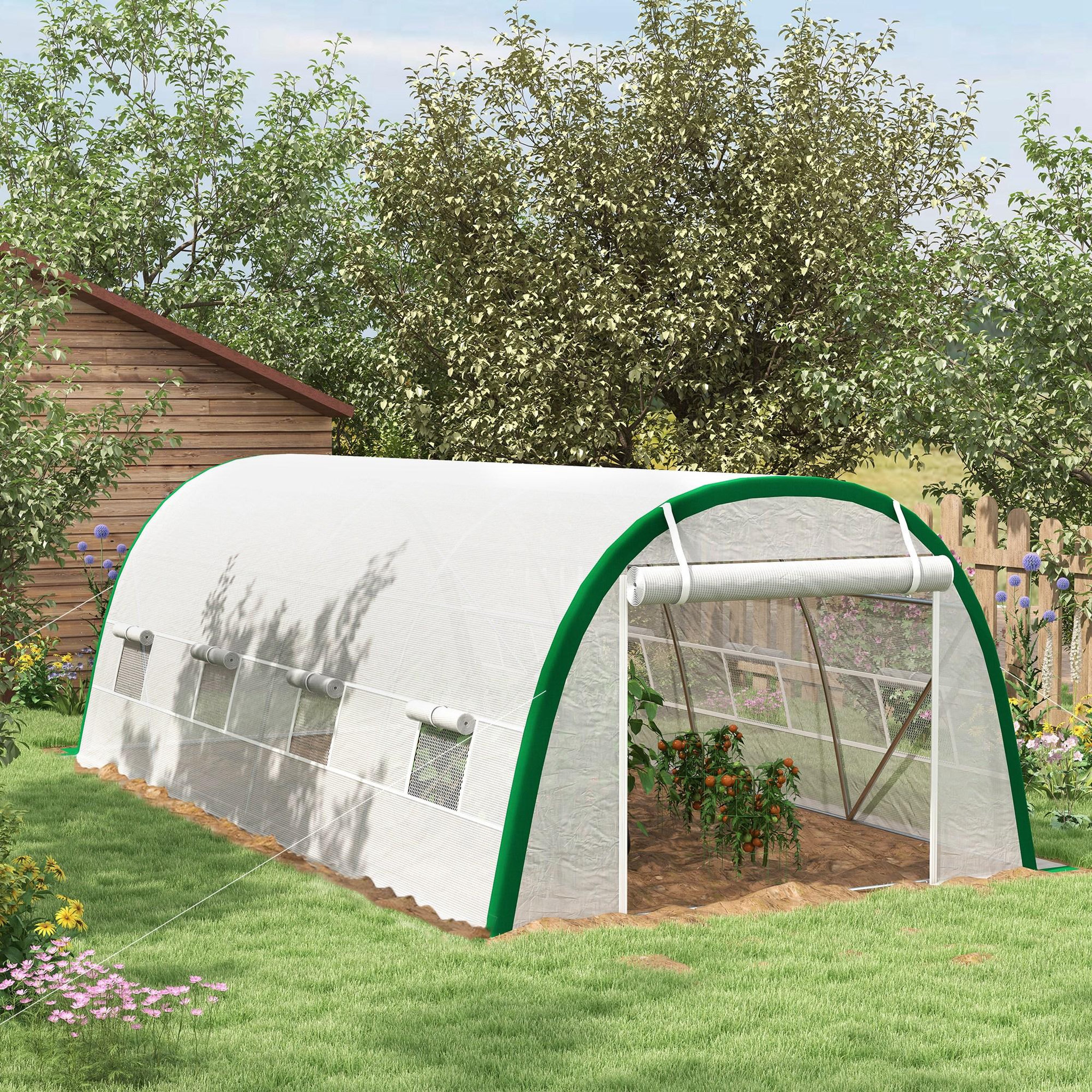 Voir la diapositive 4 : OUTSUNNY Serre de jardin tunnel surface sol 18 m² châssis tubulaire acier galvanisé renforcé 24 mm 8 fenêtres pe maillé blanc vert