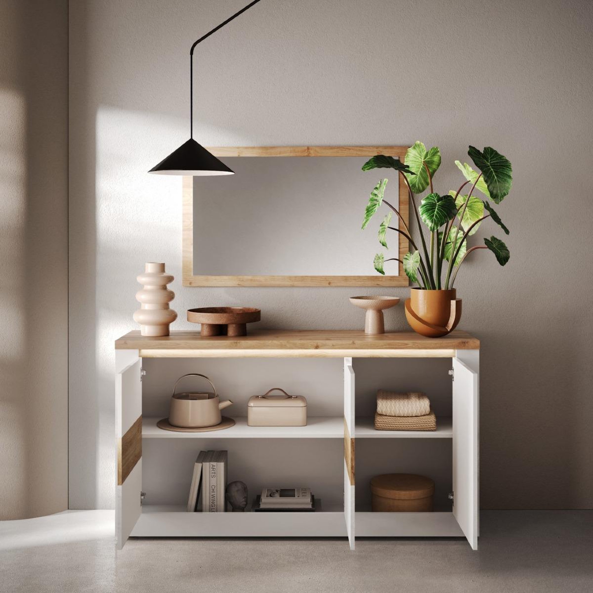 Voir la diapositive 4 : JLC KREATION Buffet moderne 3 portes laqué blanc et bois 160cm aria