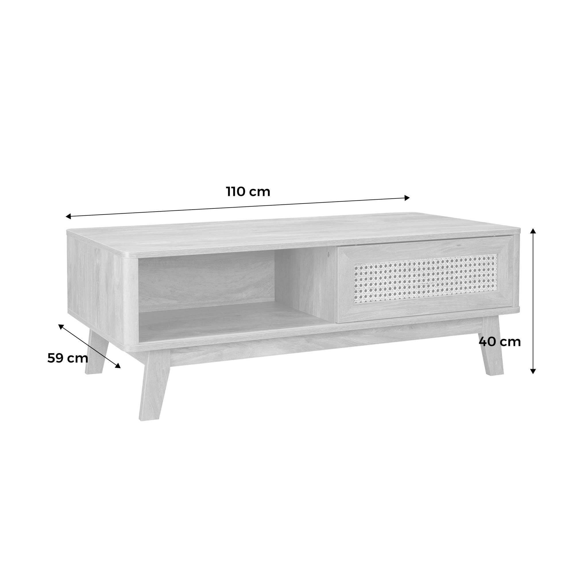 Voir la diapositive 5 : SWEEEK Table basse avec 2 niches. 1 porte coulissante. effet bois et cannage. pieds eucalyptus