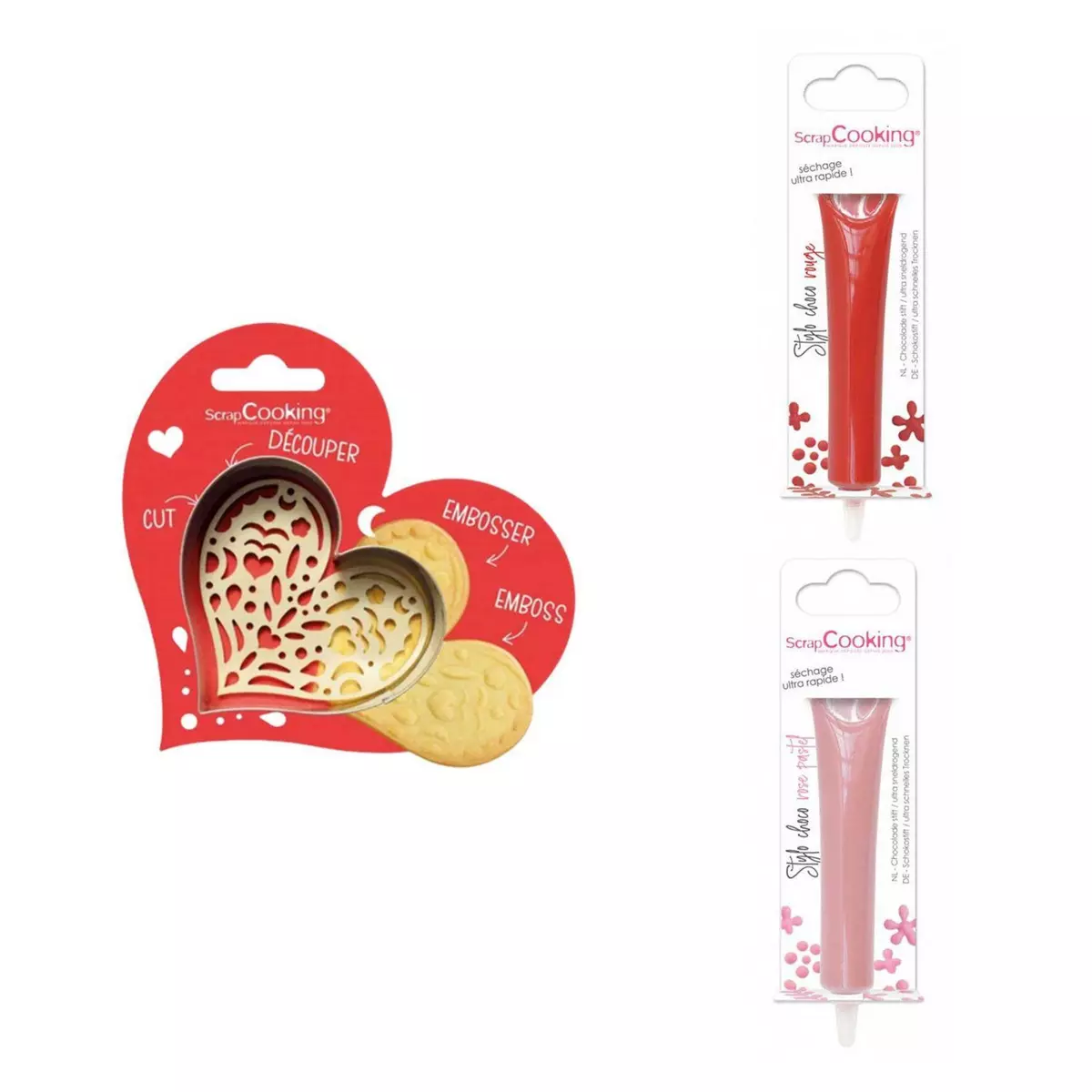 SCRAPCOOKING Kit pour biscuit en relief Coeur + 2 Stylos au chocolat rouge et rose pastel