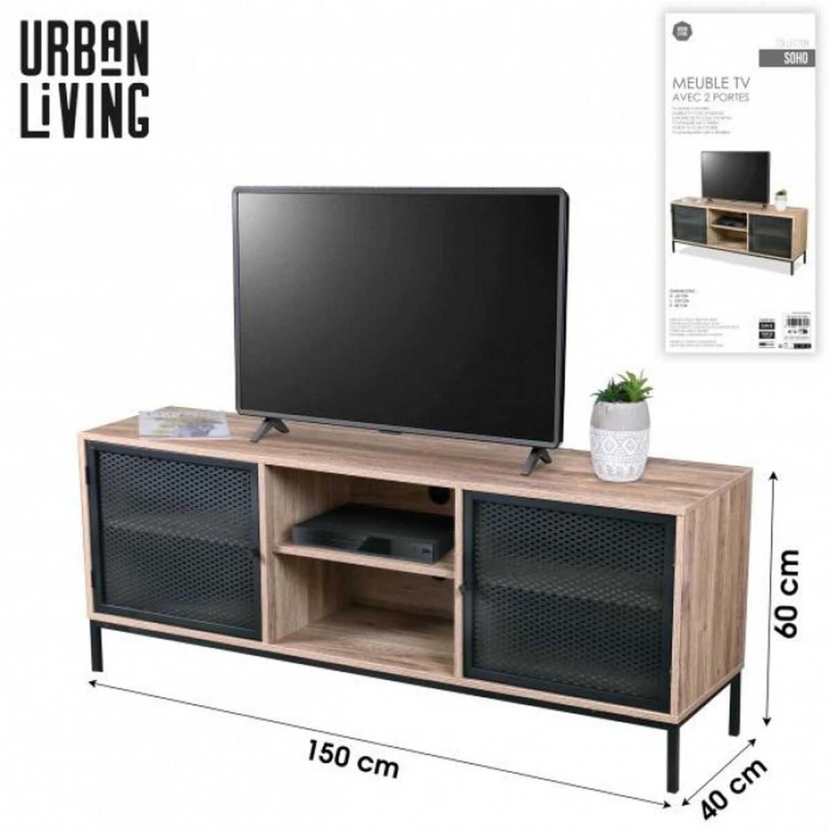 DIVERS Meuble tv 2 portes Soho en bois et métal - Beige et noir