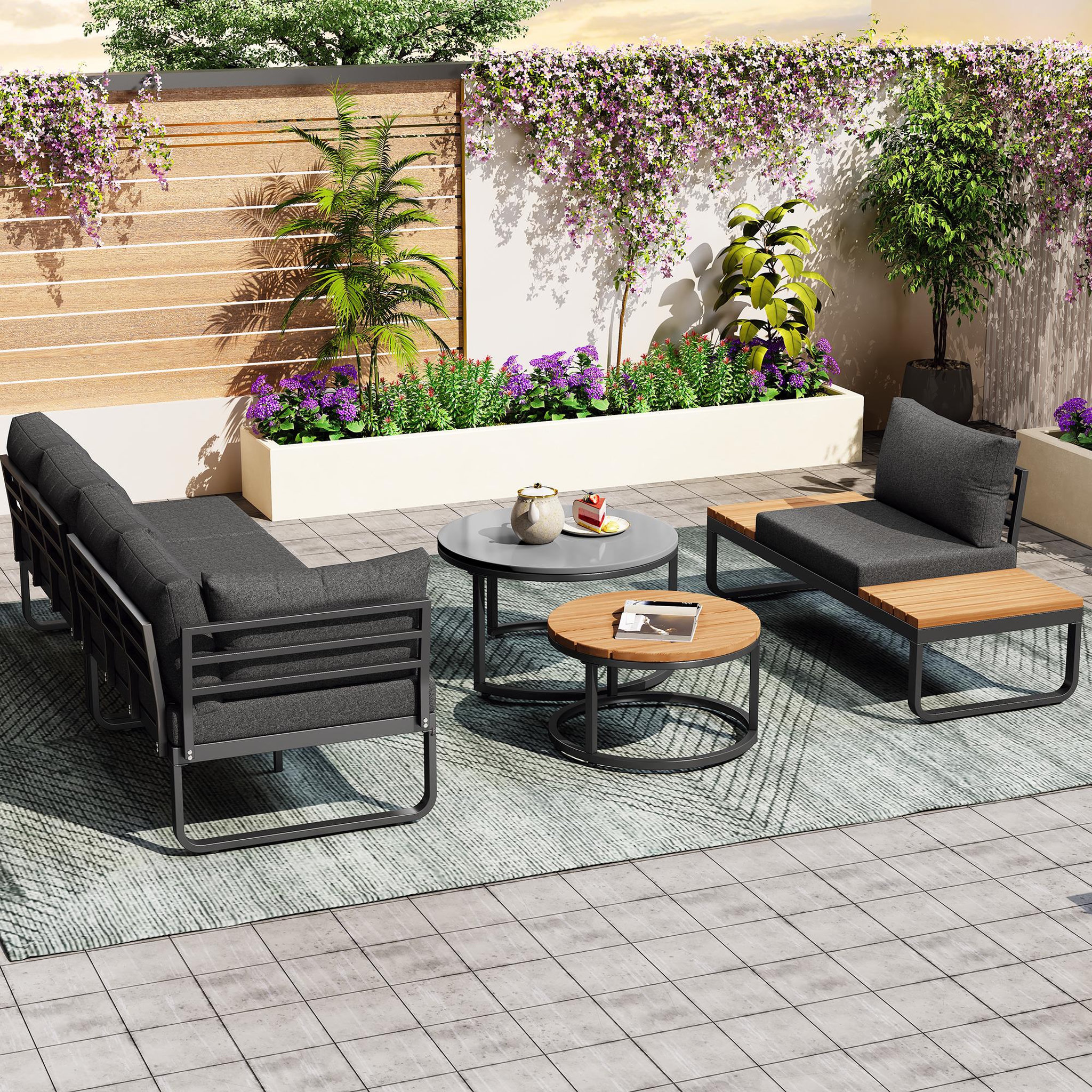 Voir la diapositive 5 : MERAX Salon de jardin 5 places en fer avec 2 tables empilables, pieds réglables, coussins, gris