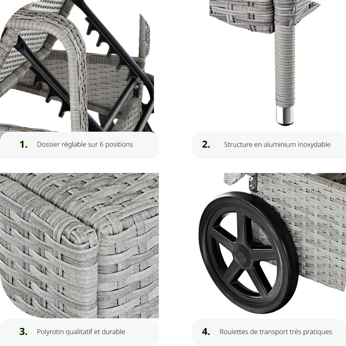 tectake Bain de soleil en rotin avec cadre en aluminium gris clair