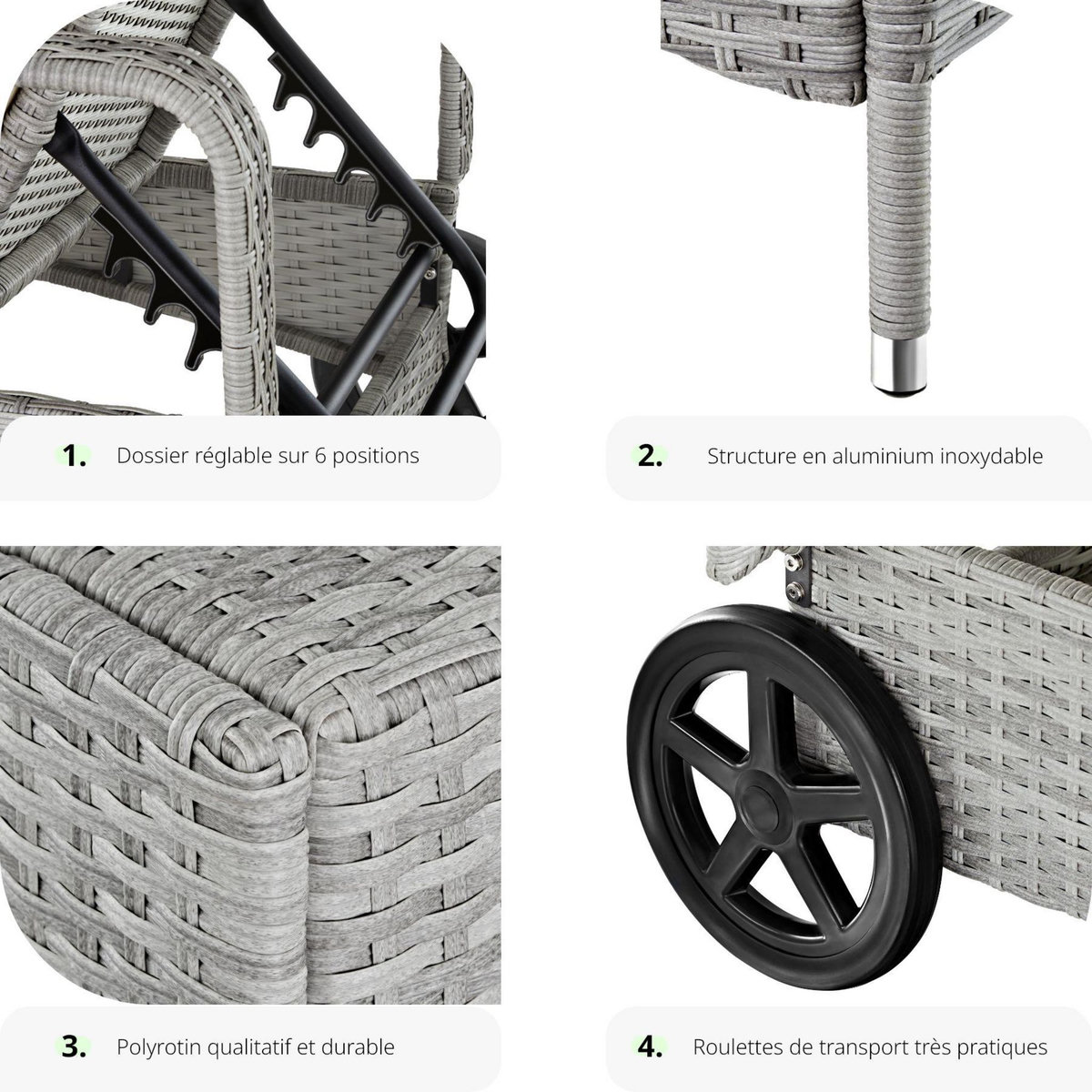 tectake Bain de soleil en rotin avec cadre en aluminium gris clair