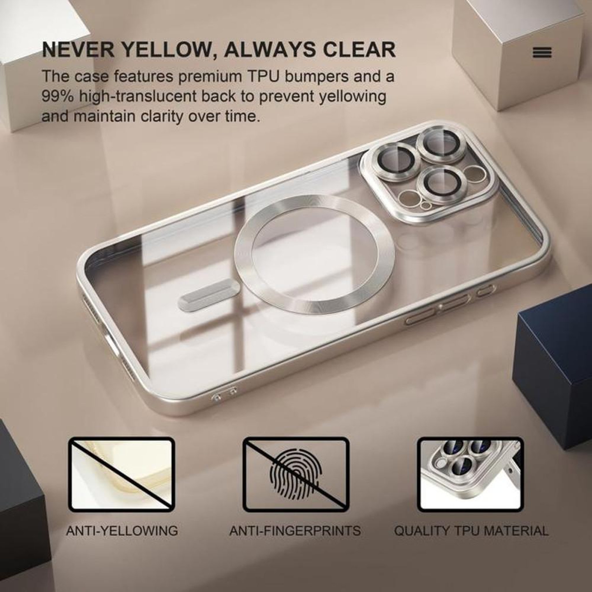 Voir la diapositive 3 : Coque TPU pare-chocs magnétique iPhone 14 Pro Max style militaire, transparent gris, protection anti-chocs, aimant charge sans fil