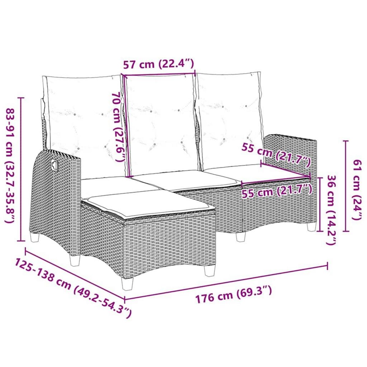 VIDAXL Canape de jardin inclinable coussins forme de L gris polyrotin