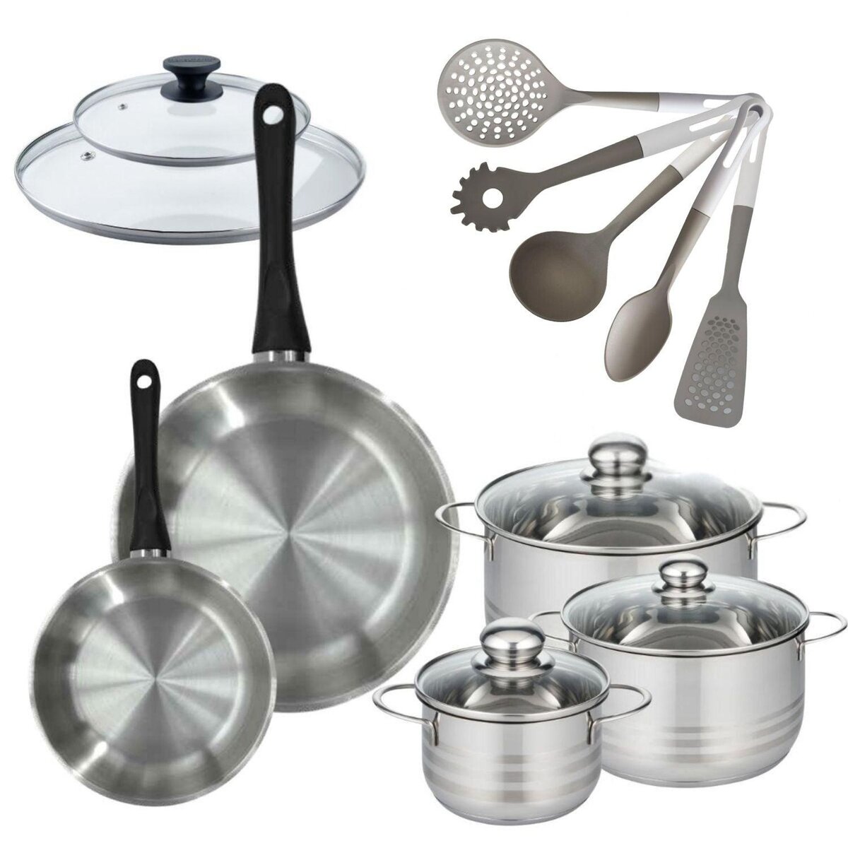 Fackelmann Lot de 2 Poêles 20/28 cm Fackelmann Geneva avec 3 Faitouts 16/20/24 cm et 5 ustensiles