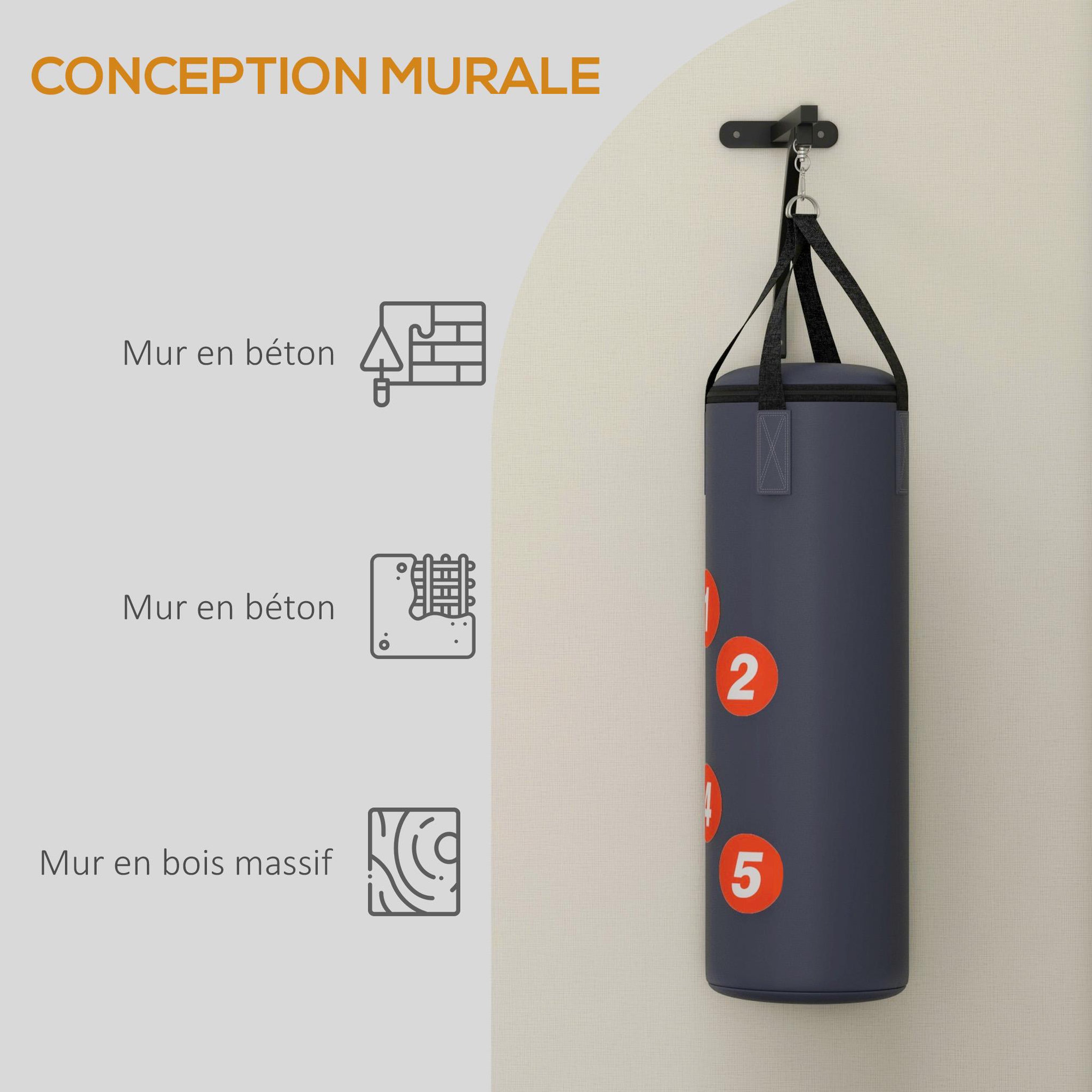 Voir la diapositive 6 : HOMCOM Sac de frappe boxe - support mural, crochet pivotant, gants, bandes inclus - à remplir - acier PU rouge gris