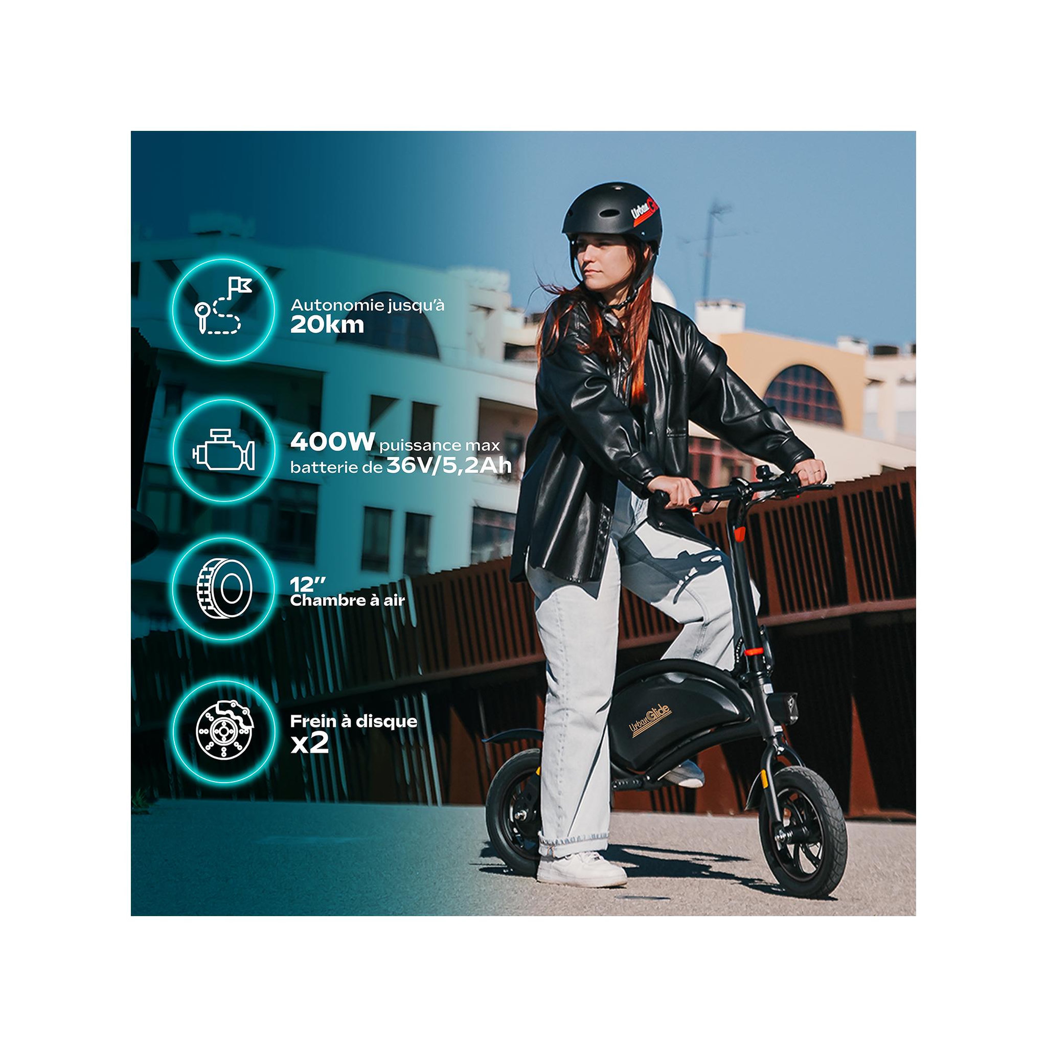 Voir la diapositive 2 : URBANGLIDE Draisienne électrique adulte e-bike 120 – moteur 1000w - autonomie jusqu'a 18 km - pneu 12  gonflable - batterie 42v/5.2ah - poids 15kg