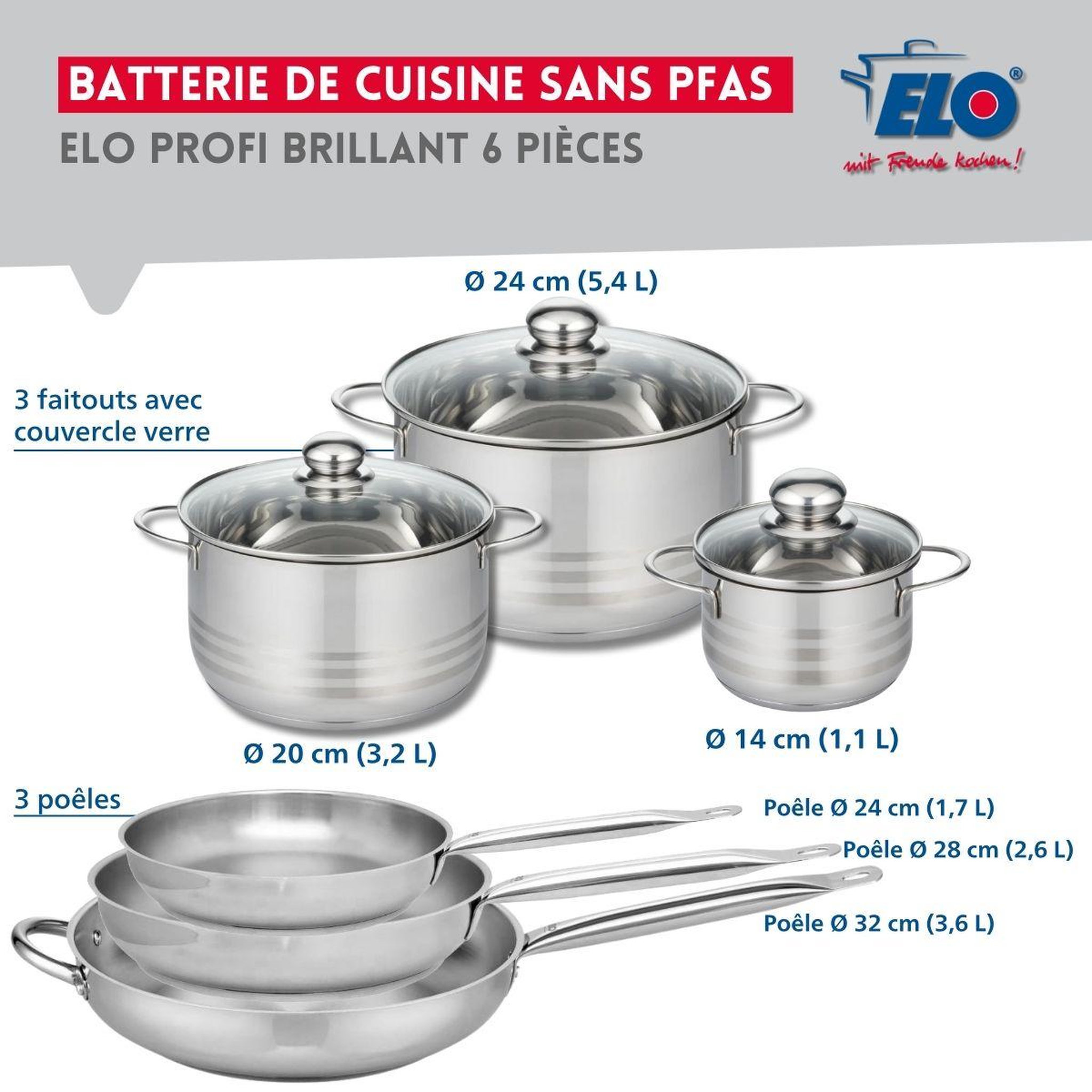 Voir la diapositive 2 : ELO Ensemble de 3 poêles de cuisson 24, 28 et 32 cm et 3 faitouts 14, 20 et 24 cm elo profi brillant