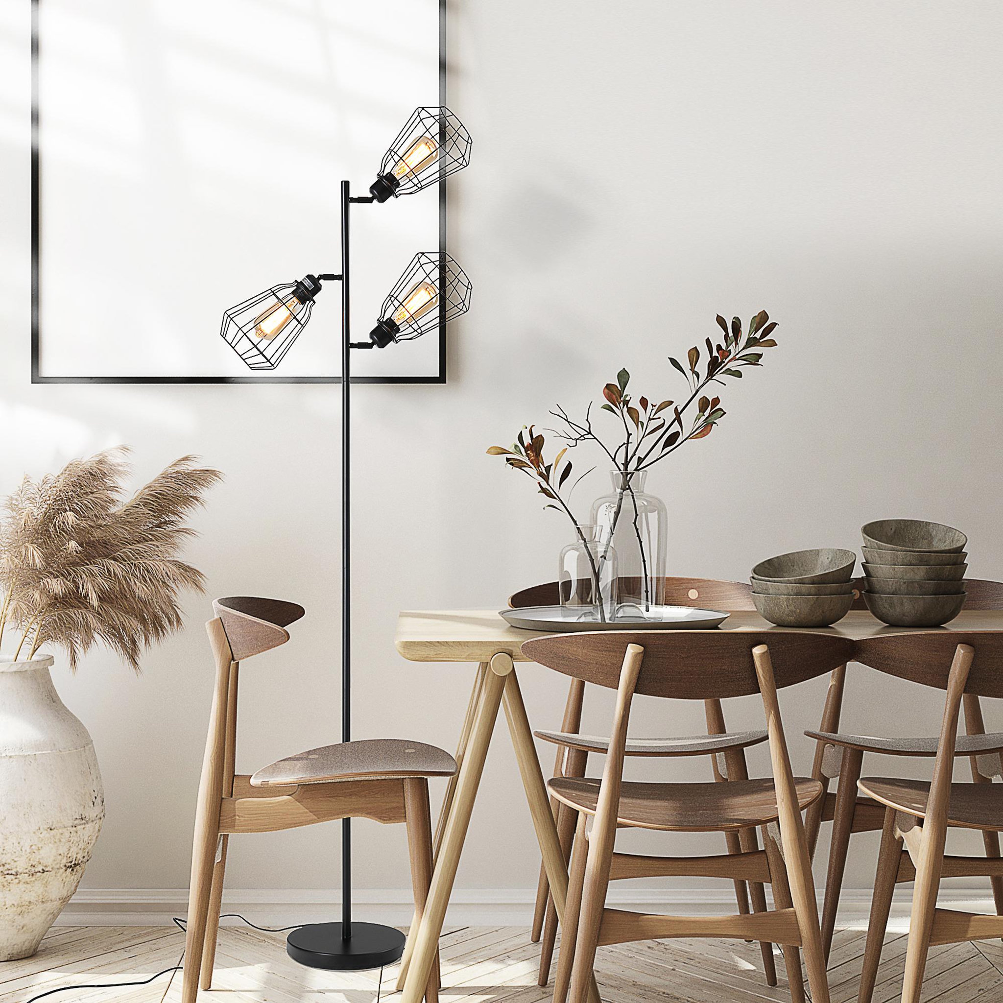 Voir la diapositive 2 : HOMCOM Lampadaire design industriel 3 ampoules max. 40 w abat-jour cage métal noir