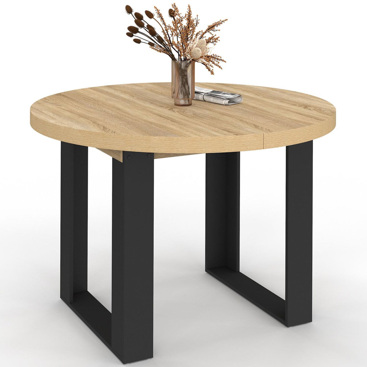 ID MARKET Table à manger extensible ronde PHOENIX 4-10 personnes bois et noir 110-200 cm