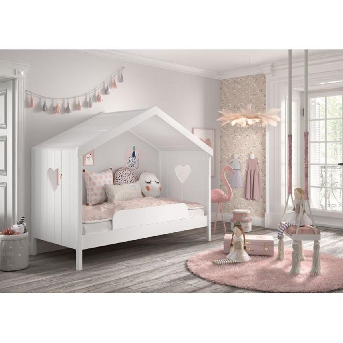 Paris Prix Lit Cabane Enfant Ouvert & Barrière  Amori  90x200cm Blanc