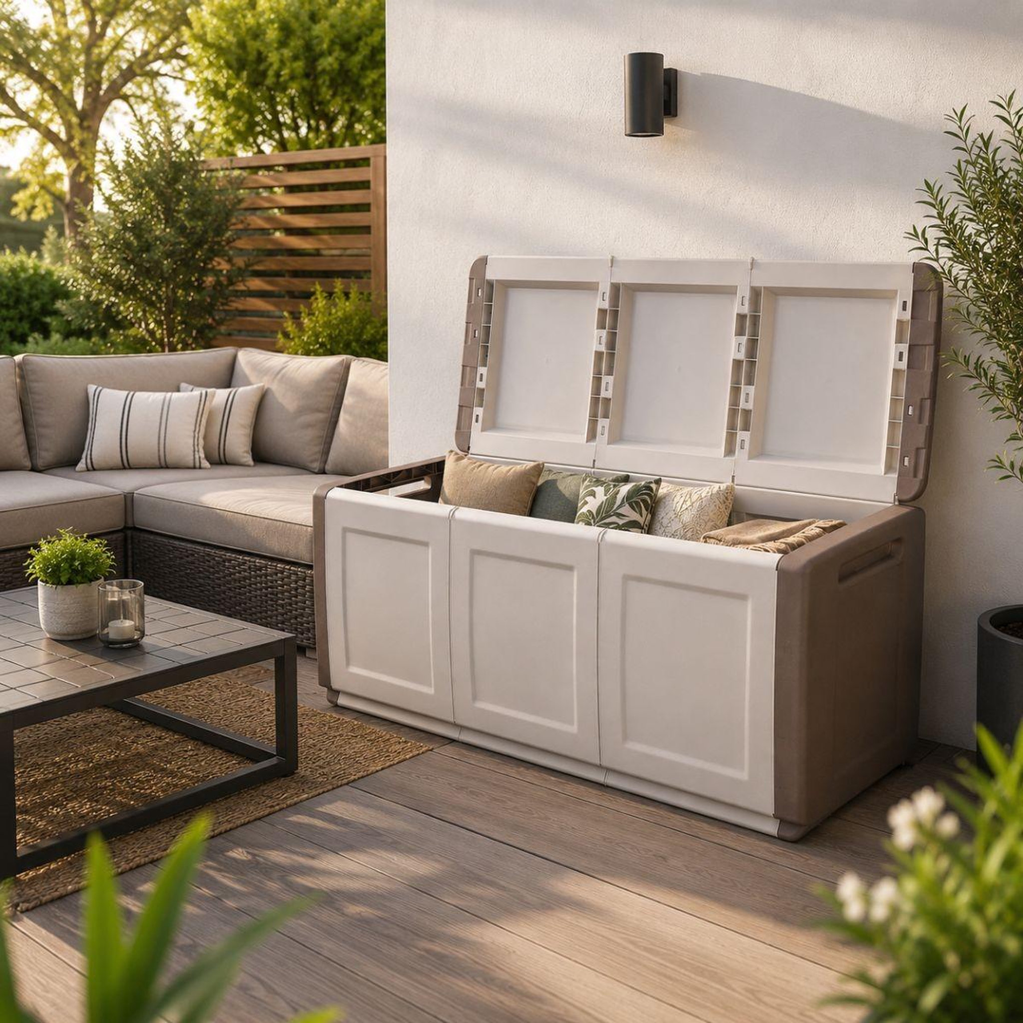 Voir la diapositive 6 : INTEC Coffre de rangement 330L Beige/Taupe 138 x 53 x H57cm Poignées de transport polypropylène INTEC