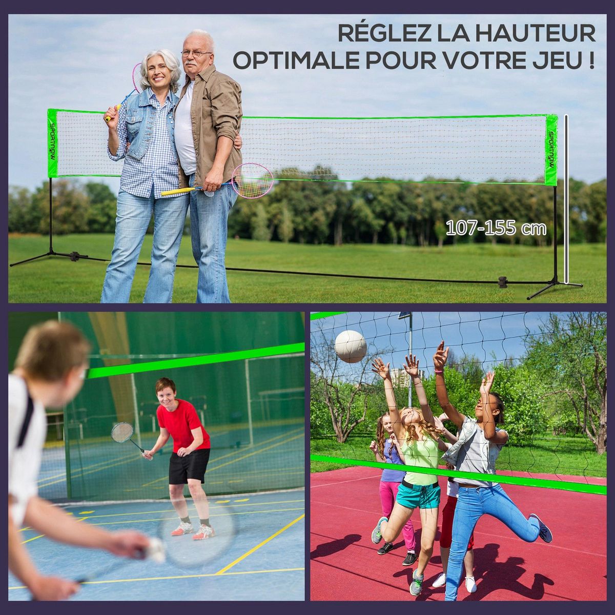 HOMCOM Ensemble set complet de badminton, pickleball et volleyball 3 en 1 réglable