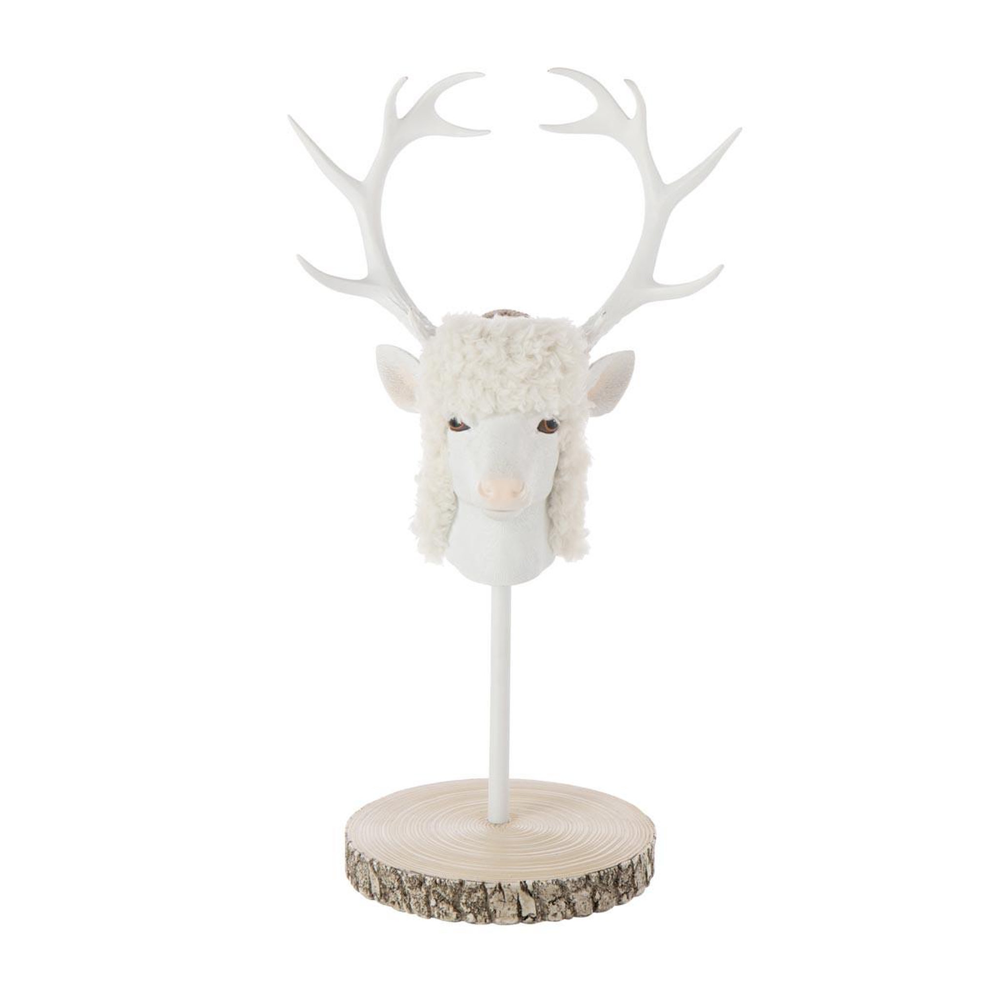Voir la diapositive 2 : J-LINE Tête de cerf sur socle  imitation fourrure  52cm écru