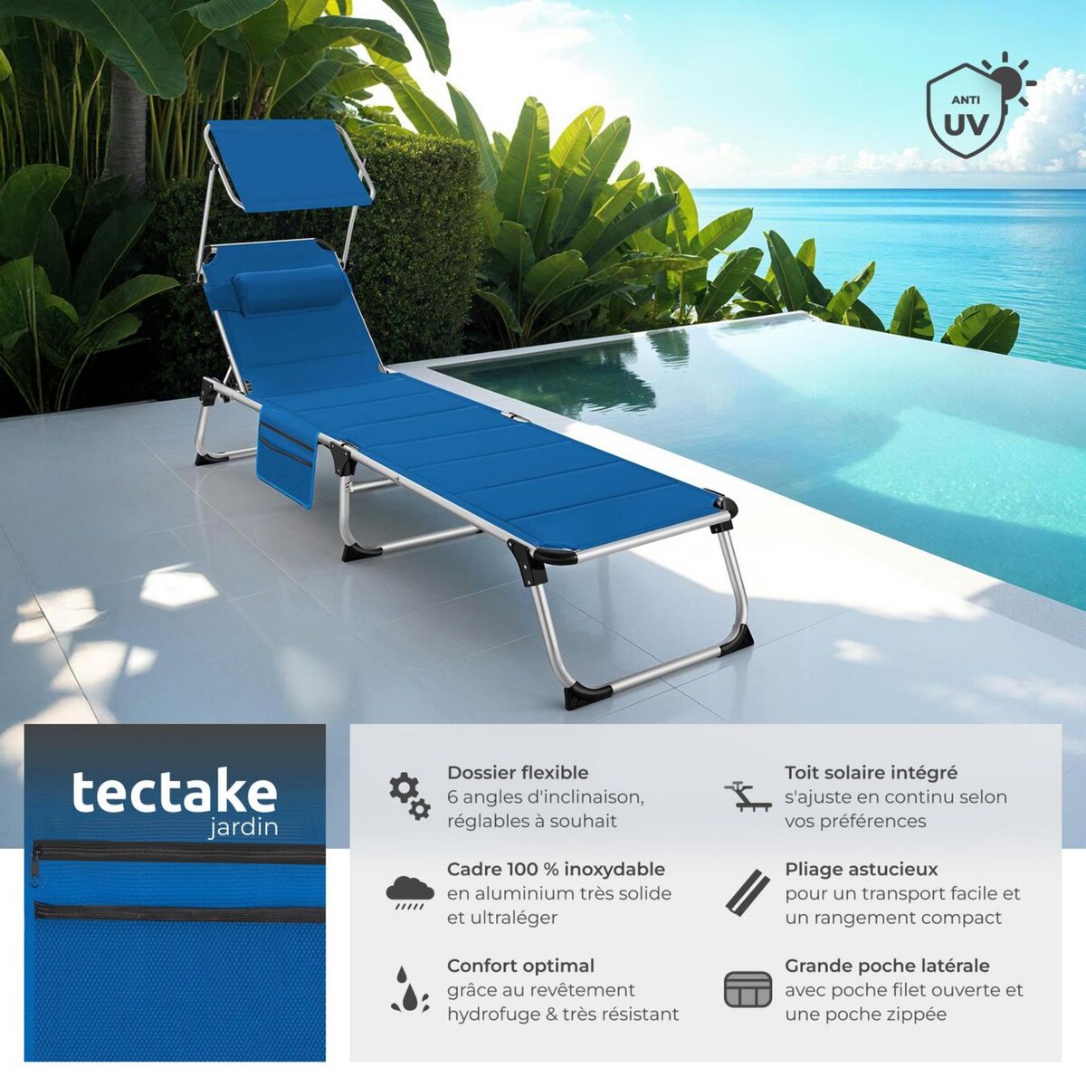 tectake Bain de soleil rembourré et pliable bleu