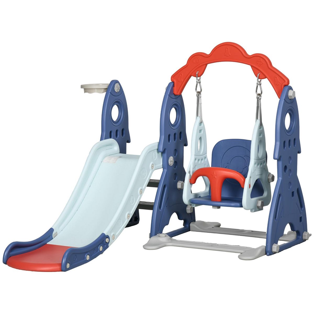 HOMCOM Portique enfant toboggan et balançoire avec panier de basket-ball - aire de jeux 3 en 1 - usage intérieur extérieur - bleu rouge