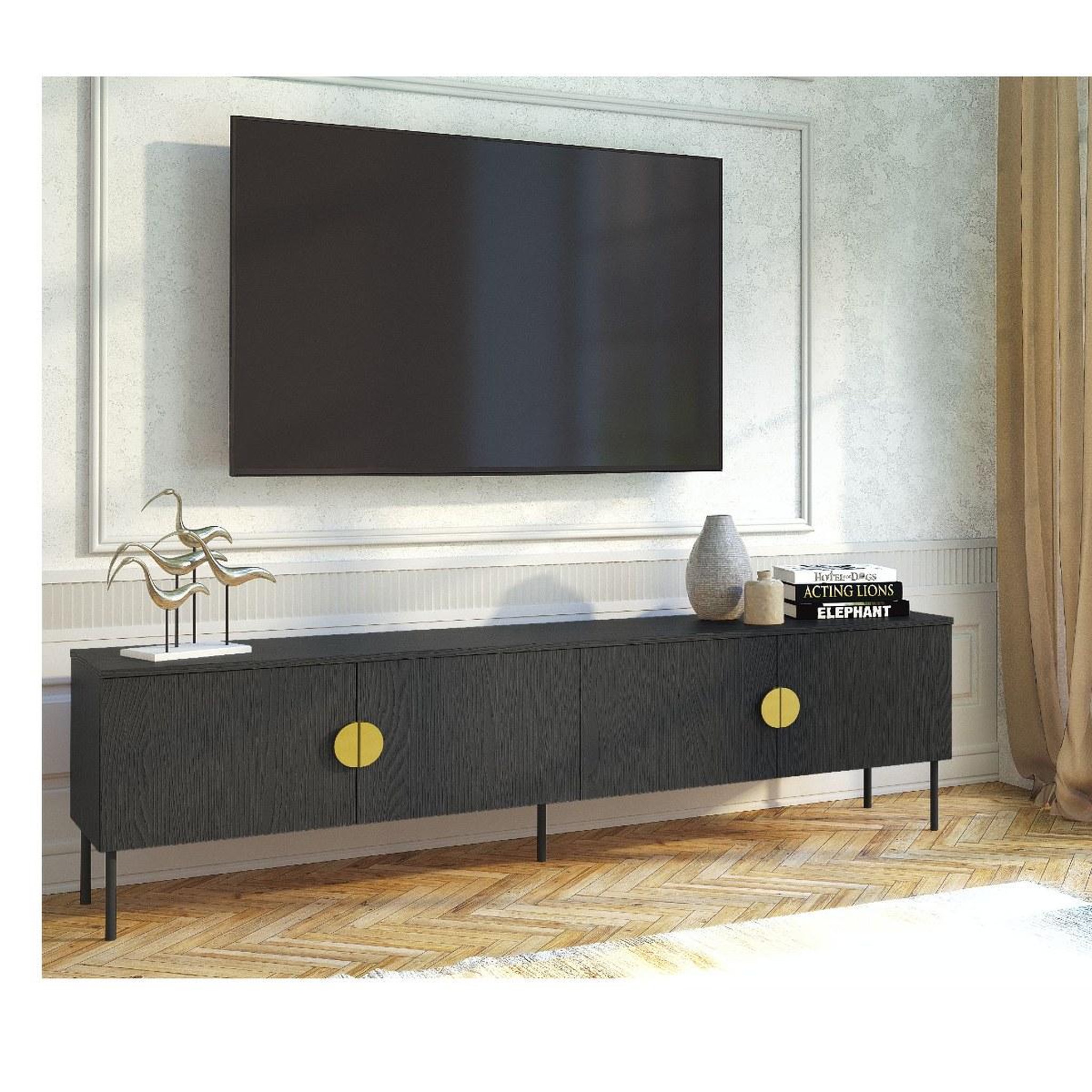 Voir la diapositive 2 : JLC KREATION Meuble tv moderne 4 portes noir et or 200cm dimitri