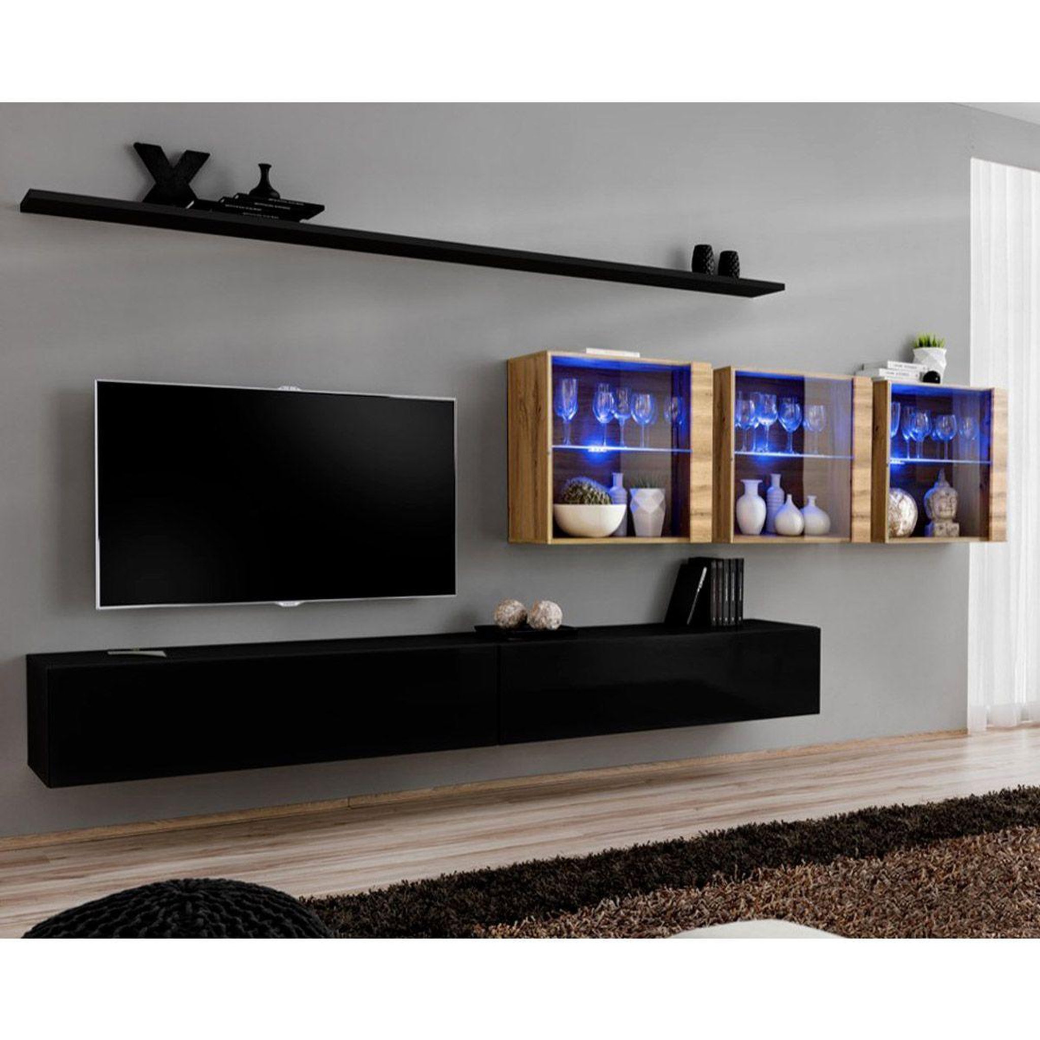 Paris Prix Meuble tv mural design  switch xvii  340cm noir & naturel