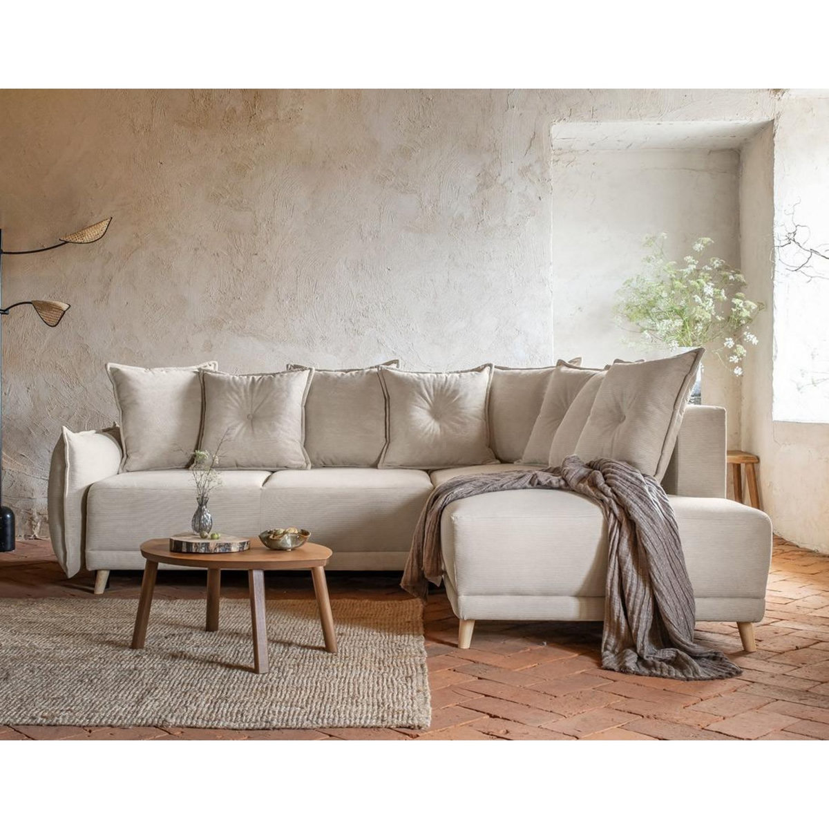 BEST MOBILIER Lena - canapé d'angle droit 5 places - convertible avec coffre - en velours côtelé