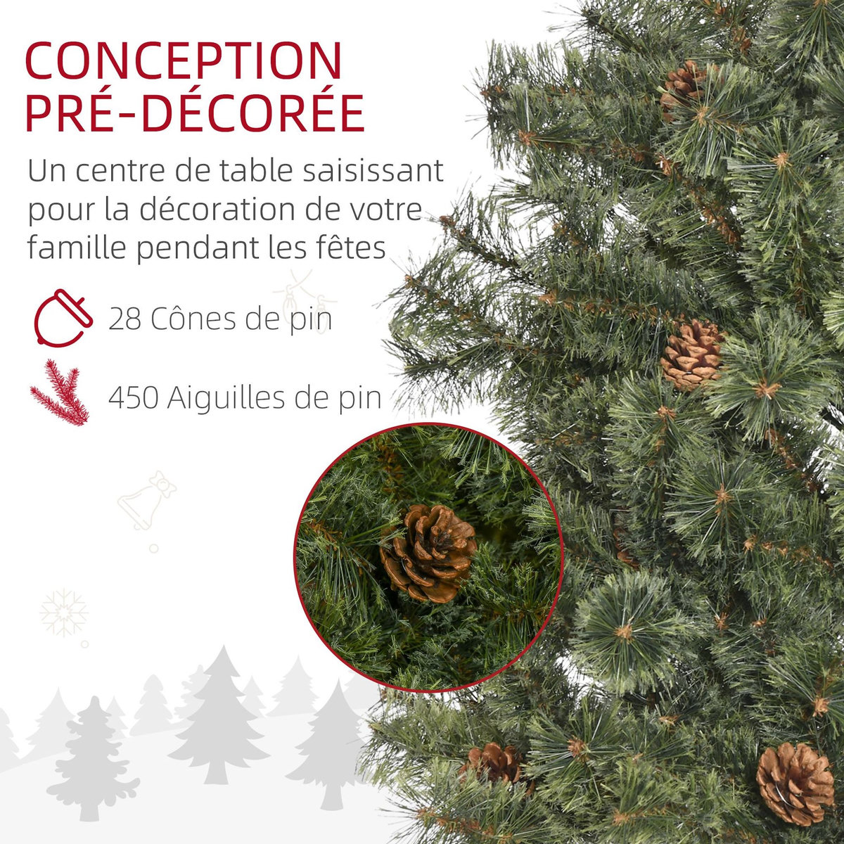HOMCOM Sapin de Noël artificiel Ø 87 x 180H cm - 450 branches épines imitation Nordmann grand réalisme - 28 pommes de pin - métal PVC vert