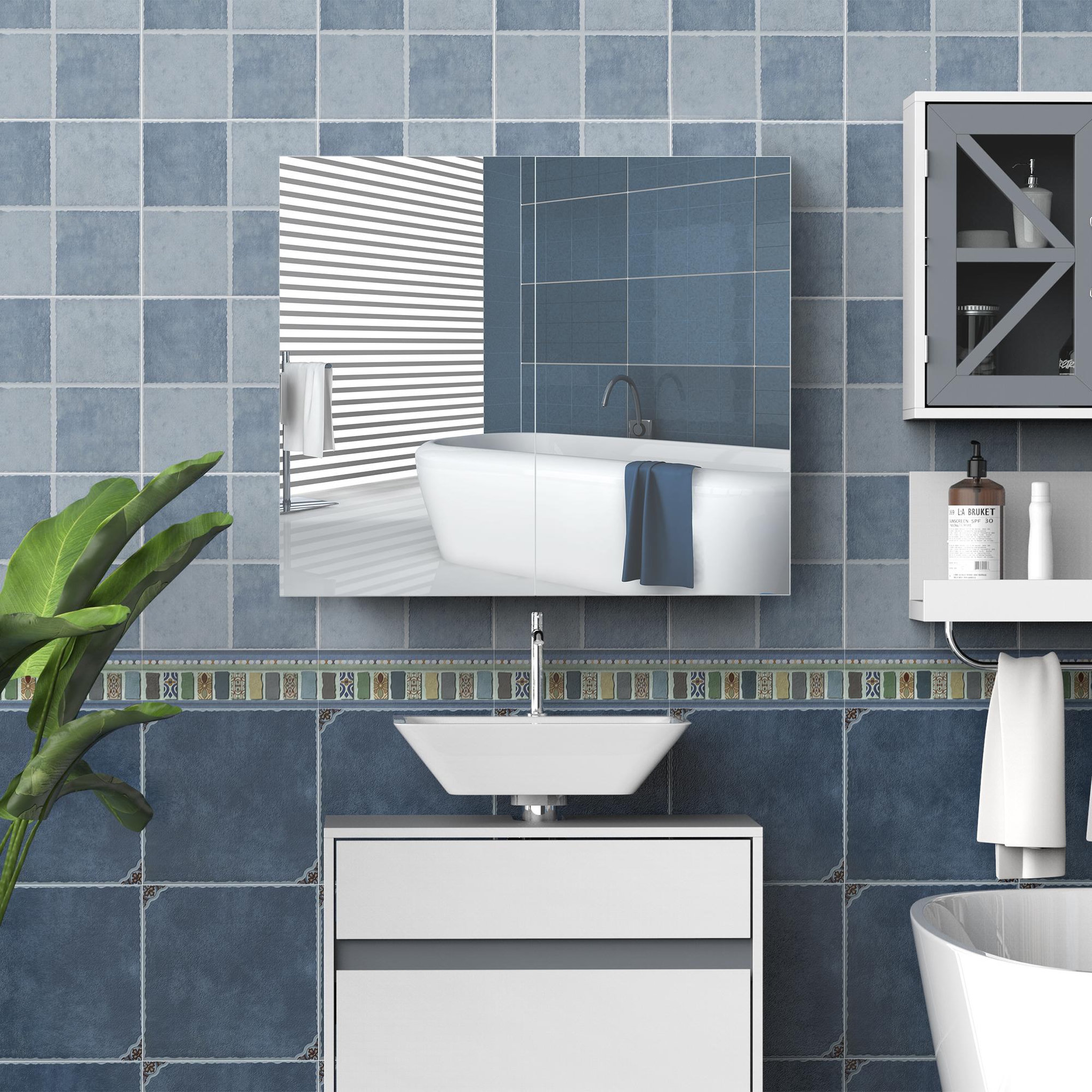 Voir la diapositive 2 : HOMCOM Armoire miroir murale de salle de bain 3 étagères réglables dim. 70l x 60h cm blanc