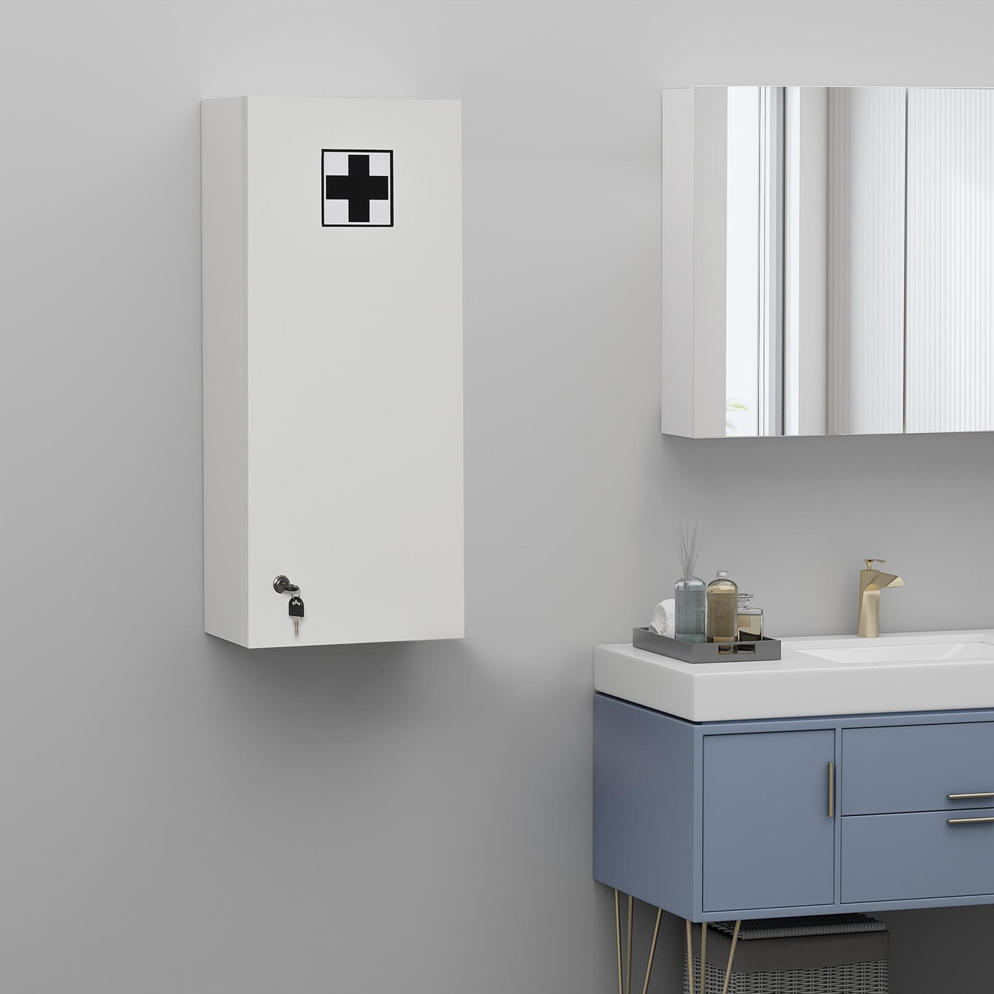 Voir la diapositive 2 : KLEANKIN Armoire à pharmacie murale verrouillable - 5 niveaux - verre panneaux blanc