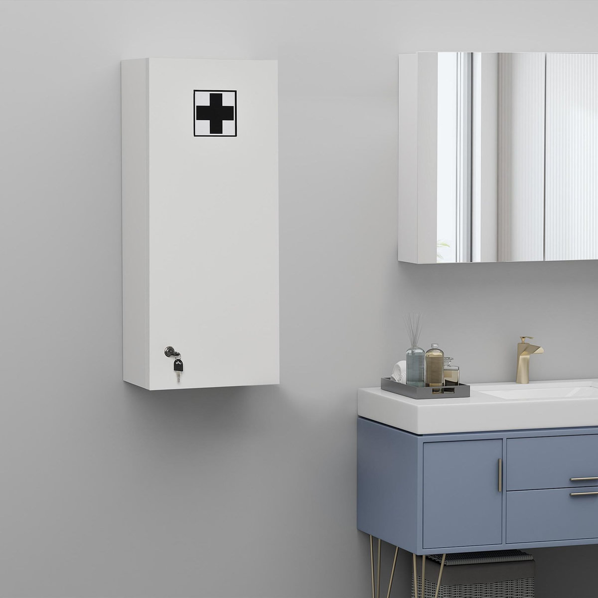 KLEANKIN Armoire à pharmacie murale verrouillable - 5 niveaux - verre panneaux blanc