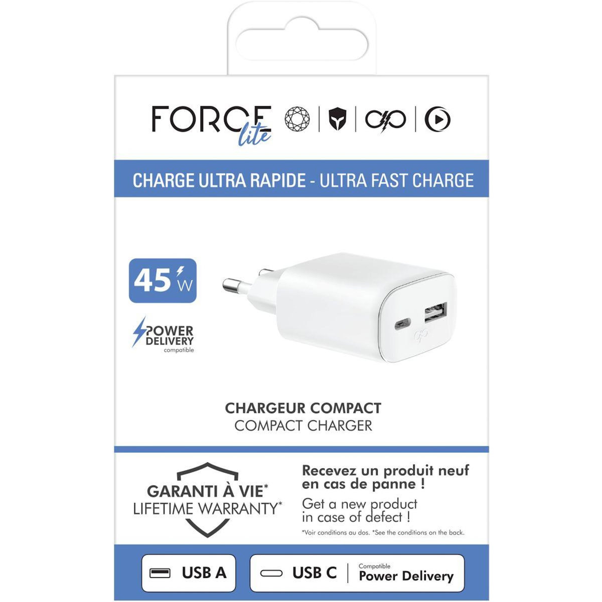 FORCE POWER Chargeur 45W USB-A et USB-C PowerDelivery Blanc